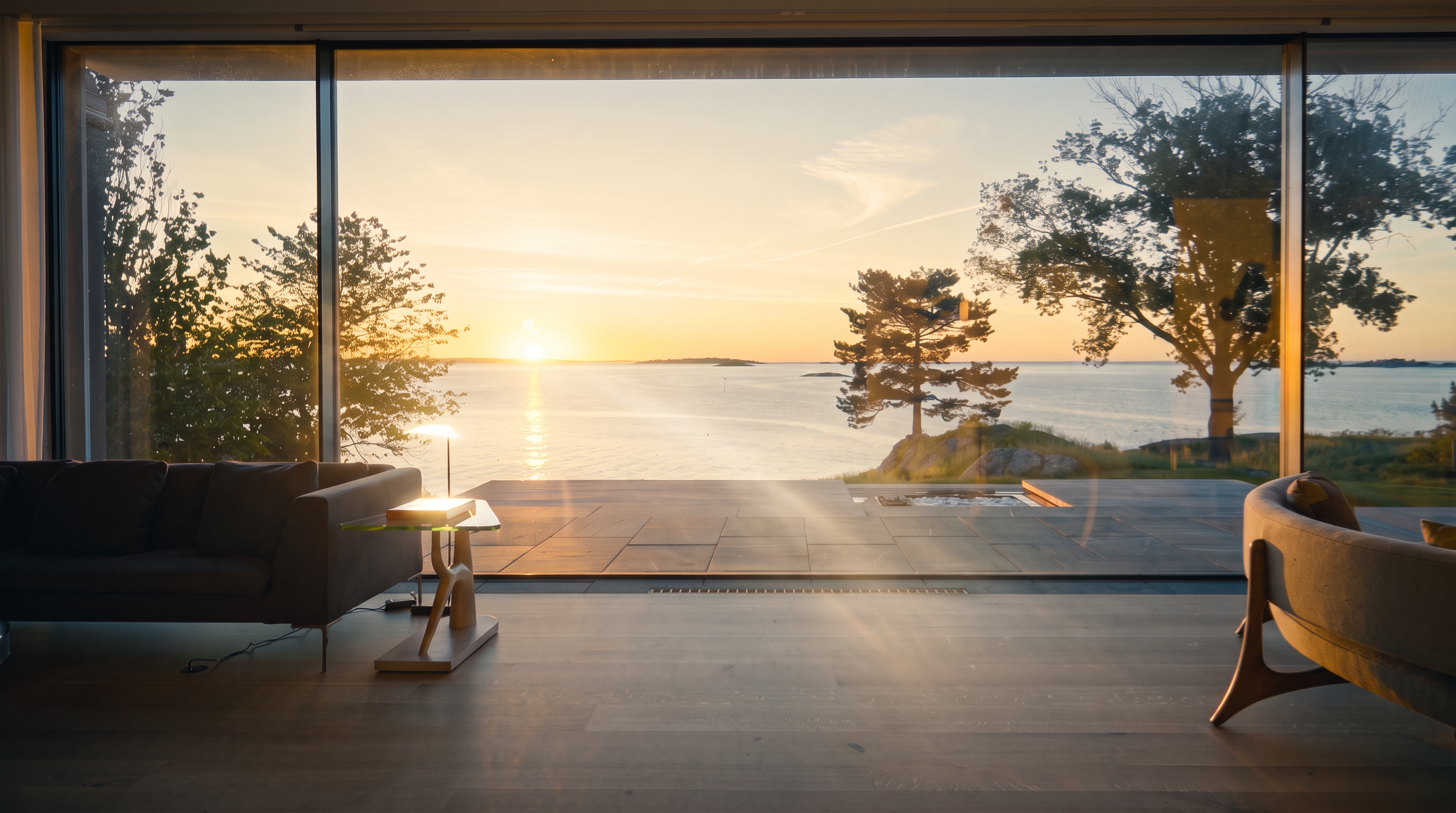 This interior living space features expansive floor-to-ceiling glass walls that frame a breathtaking sunset view over the water. The minimalist design includes a dark sofa and a modern accent table, emphasizing the seamless transition between the indoor living area and the outdoor stone patio. The perspective is cinematic, capturing the tranquil atmosphere of a high-end waterfront residence at dusk.