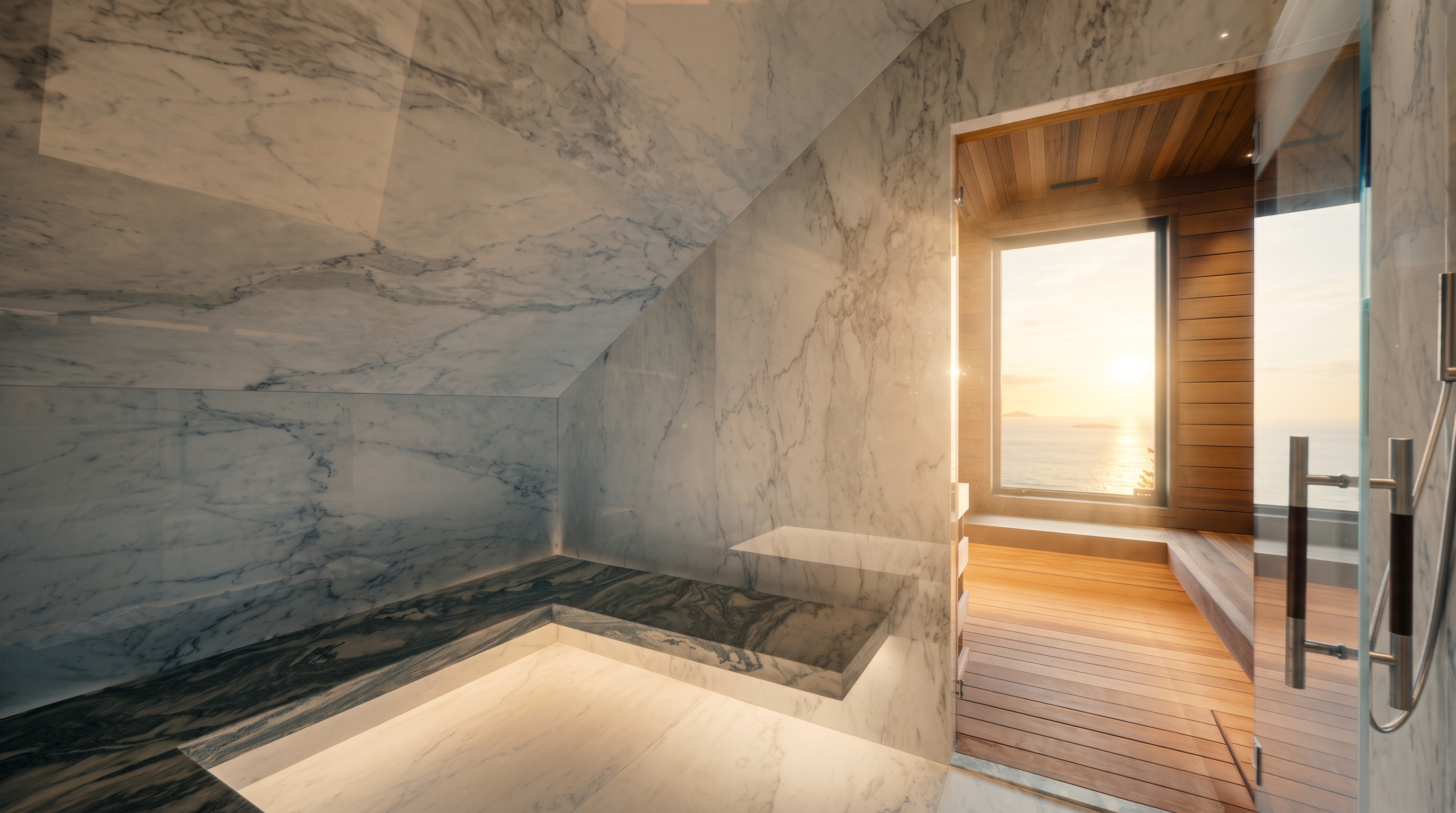 This luxurious steam shower features expansive stone wall cladding and a built-in stone bench with integrated under-lighting. A glass door opens into an adjacent sauna area, which is finished with warm-toned wood paneling and features a large window framing a scenic ocean view. The perspective captures the transition between the sleek, cool-toned shower space and the inviting, natural warmth of the sauna.