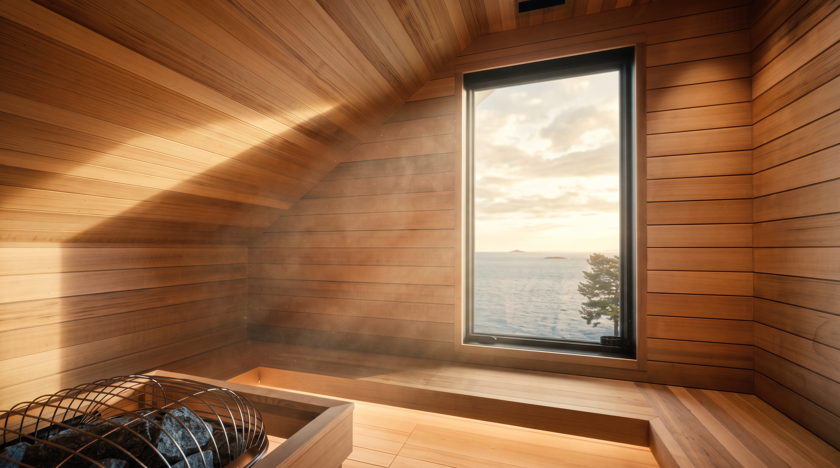 This serene sauna features warm, light-toned wood paneling throughout the walls and ceiling, creating a cozy and inviting atmosphere. A prominent window provides a stunning, unobstructed view of the ocean and distant islands, while a metal heater filled with dark stones sits in the foreground. The minimalist design and natural materials emphasize a tranquil, spa-like experience.