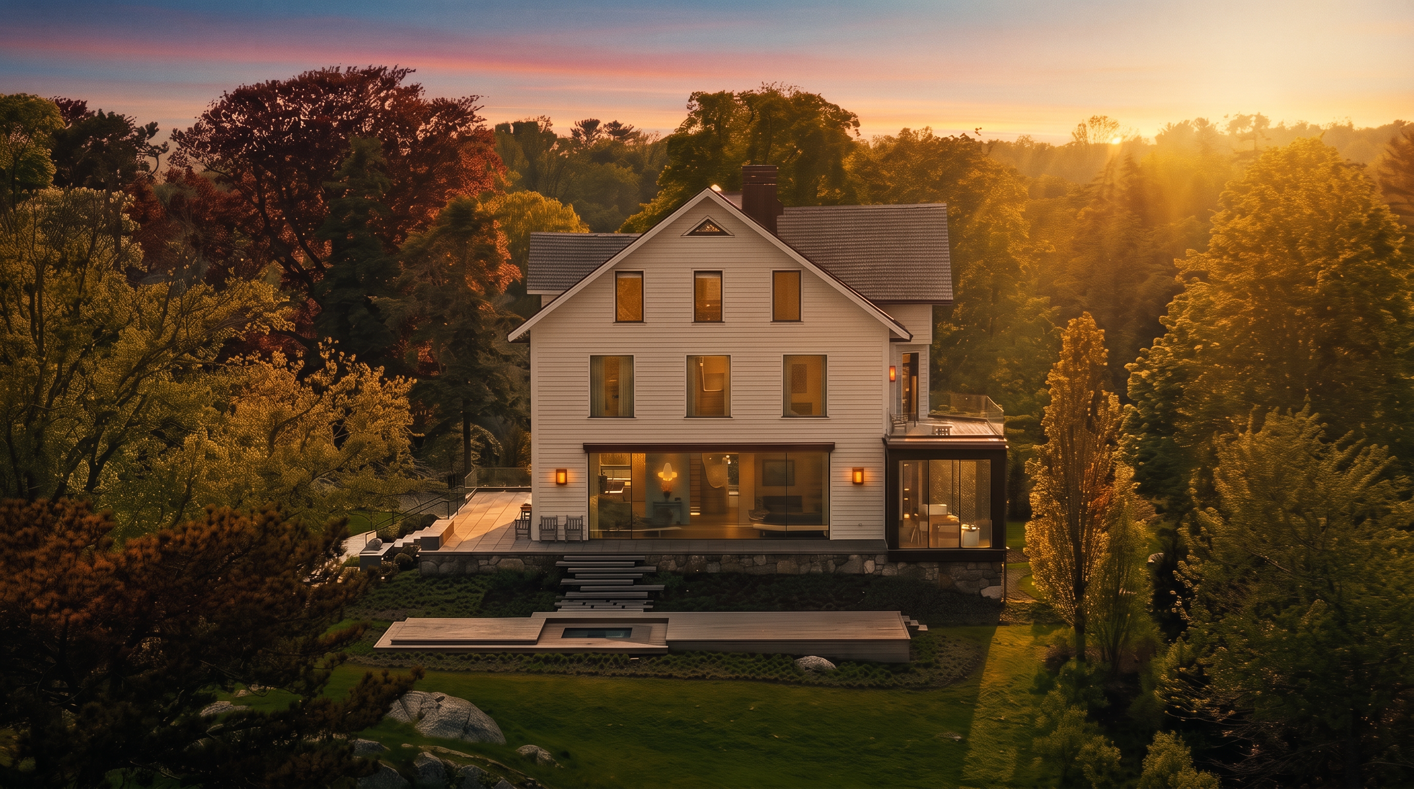 This aerial perspective captures the rear elevation of a stately, multi-story home set against a lush, wooded backdrop. The architecture blends traditional white siding with modern, expansive glass additions, including a prominent glass-enclosed room on the lower level. A stone-paved patio with steps leads down to a wooden deck, creating a seamless transition between the residence and the expansive, manicured lawn.