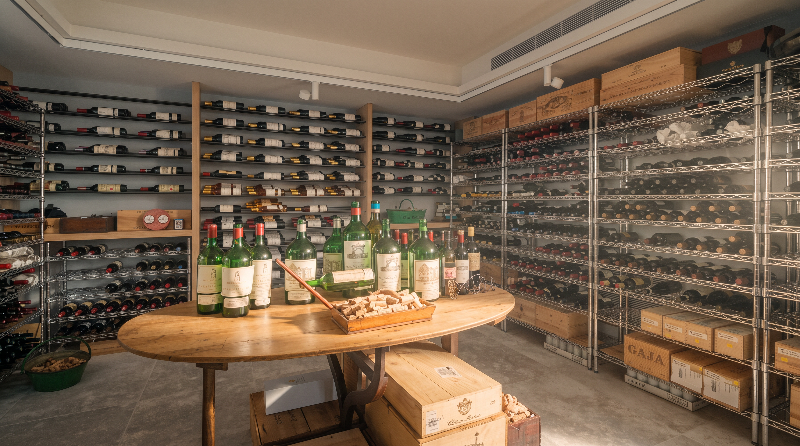 This sophisticated wine cellar features extensive metal racking systems filled with a vast collection of bottled wines. A central oval wooden table serves as a focal point, displaying several large green glass bottles and a collection of corks. The space is illuminated by recessed lighting and provides a professional, climate-controlled atmosphere for wine storage.