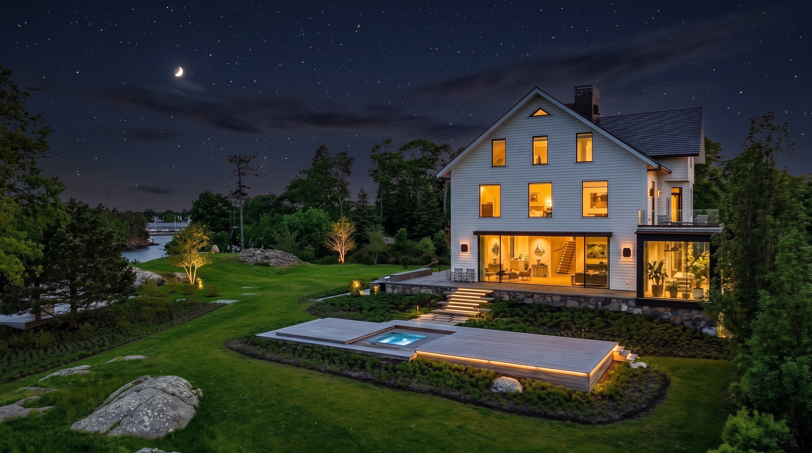 This elevated perspective captures the rear of a stately white-sided home set against a vibrant sunset sky. The residence features a blend of traditional architecture and modern glass-walled additions, with a stone-paved patio leading to a sunken spa integrated into a wooden deck. The surrounding landscape is lush and manicured, incorporating natural rock outcroppings and mature trees that frame the waterfront property.