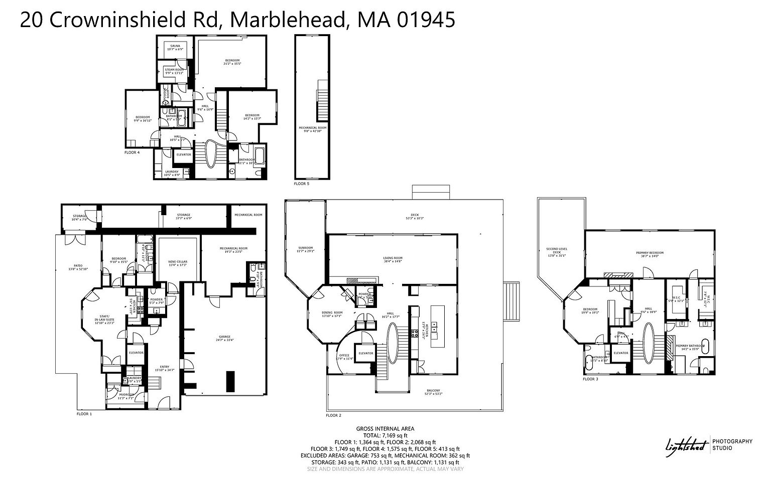 This image is a comprehensive architectural floor plan for a multi-level residence located at 20 Crowninshield Rd, Marblehead, MA. It displays detailed layouts for five distinct floors, including room dimensions, elevator locations, and designated areas such as a wine cellar, sauna, and multiple decks. The schematic provides a clear, top-down technical overview of the property's spatial organization and total square footage.