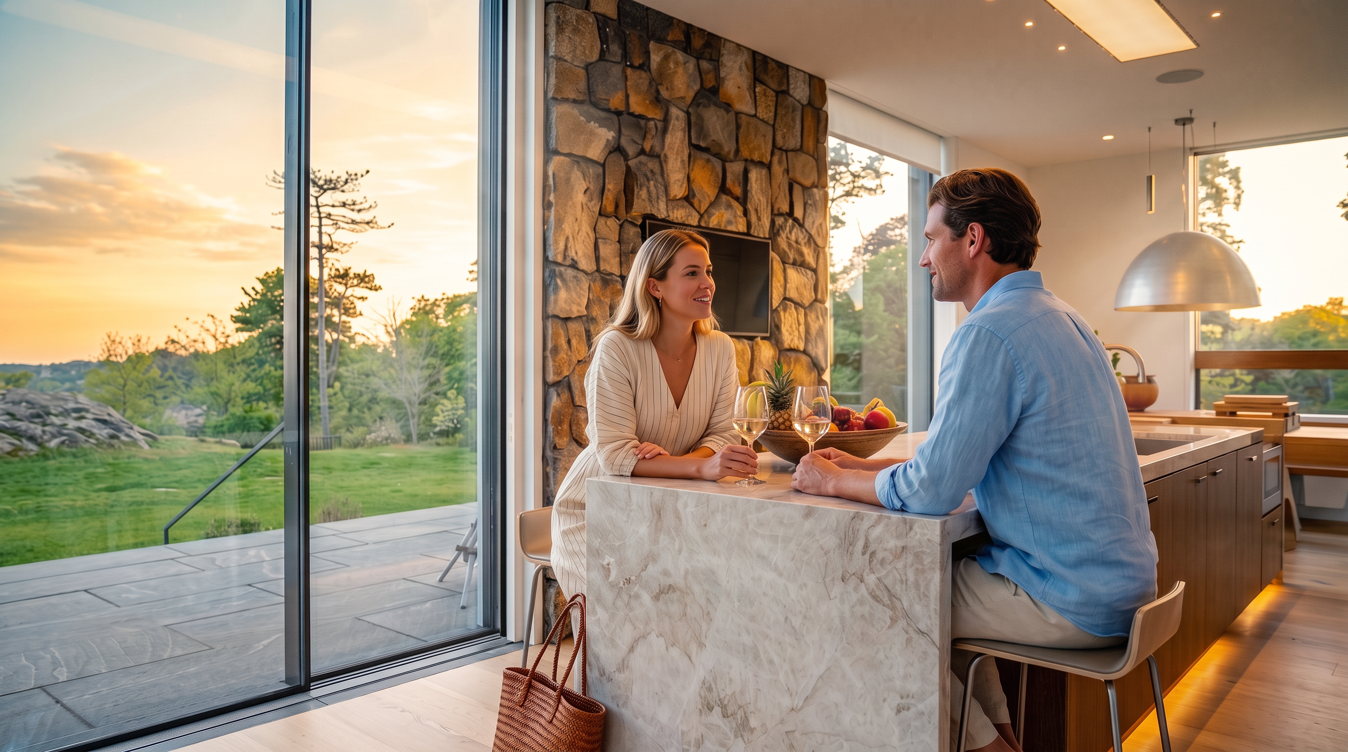 This modern kitchen features a sleek marble waterfall-edge island, serving as a focal point for intimate dining. The space is anchored by a sophisticated stone-clad accent wall and large floor-to-ceiling glass sliding doors that offer a seamless transition to the scenic outdoor landscape. The warm lighting and natural textures create a welcoming, high-end atmosphere perfect for contemporary living.