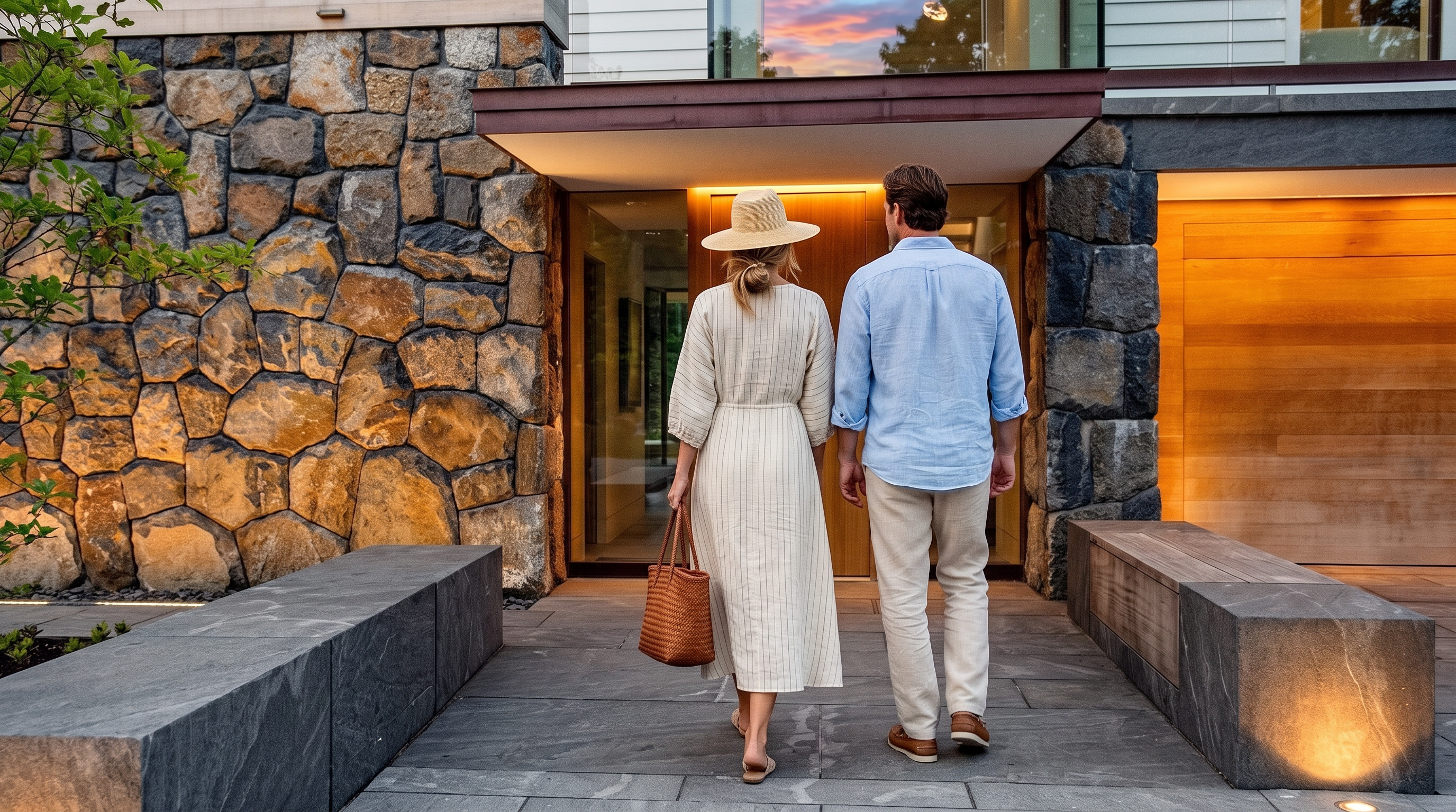 This striking modern entryway features a prominent stone-clad wall and a warm wood door, illuminated by integrated lighting that highlights the textured masonry. A sleek, dark stone bench sits on a paved patio, while a glass-enclosed staircase is visible through the large windows above the entrance. The scene is captured at dusk, with a vibrant sunset sky providing a dramatic backdrop to the contemporary architectural design.