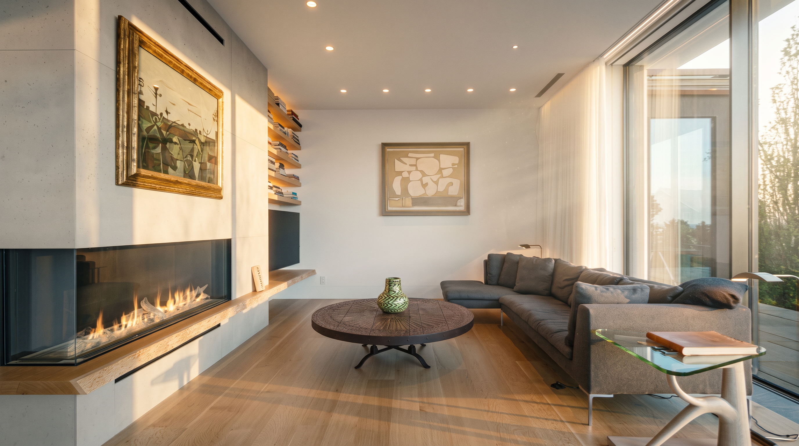 This modern living room features a sleek, linear fireplace set into a light-toned stone surround, complemented by a natural wood mantel. A large, dark gray sectional sofa faces the fireplace, centered around a circular, textured wood coffee table. The space is brightened by expansive glass walls that provide a seamless connection to the outdoors, while built-in shelving and curated artwork add a sophisticated, gallery-like feel.