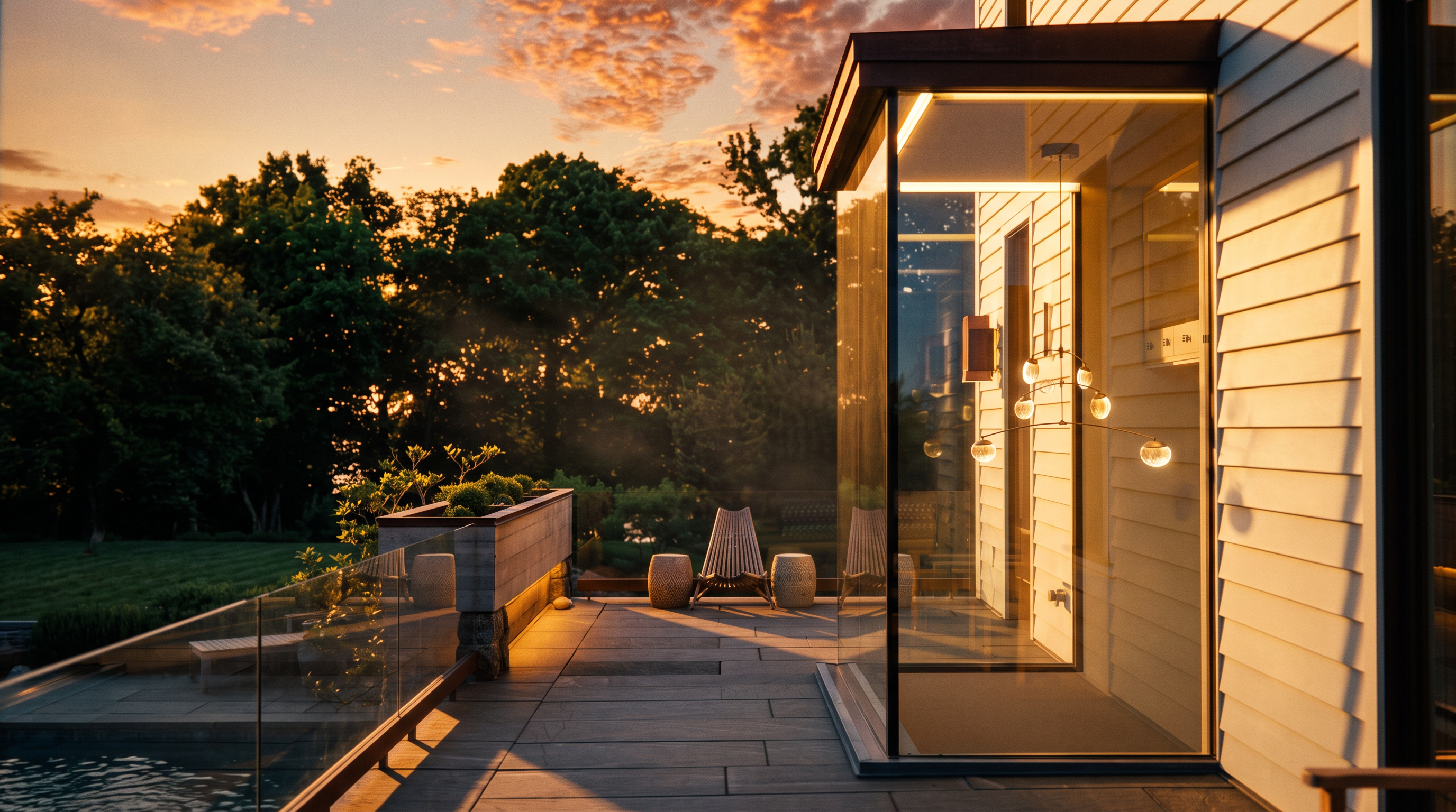 This elegant outdoor terrace features large-format stone pavers and a sleek glass railing that overlooks a lush, tree-lined landscape at sunset. A modern, illuminated glass-enclosed structure extends from the home, showcasing a contemporary branching chandelier inside. The space is furnished with a minimalist wooden chair and textured stone stools, creating a sophisticated and serene atmosphere for evening relaxation.