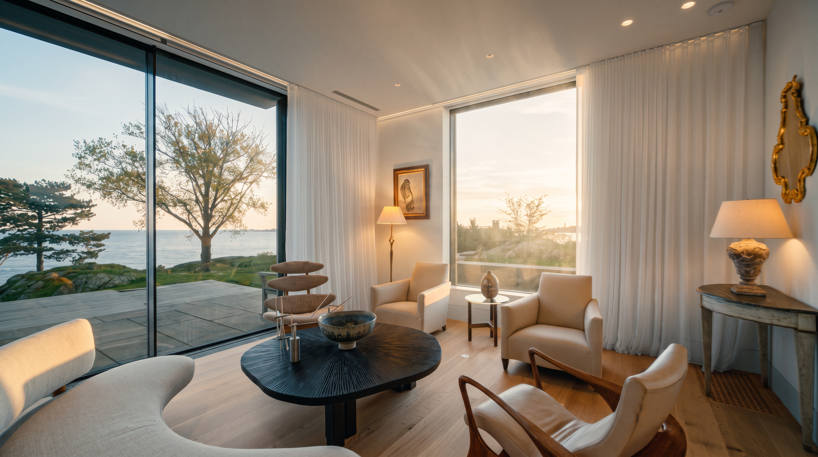 This sophisticated living room features light wood flooring and a curated collection of modern seating, including a curved sofa and sculptural wooden armchairs. The space is defined by expansive floor-to-ceiling windows that frame a serene waterfront view, seamlessly blending the interior with the natural landscape. A dark, textured circular coffee table serves as a central focal point, while elegant lighting and a decorative mirror add a touch of refined character to the bright, airy atmosphere.