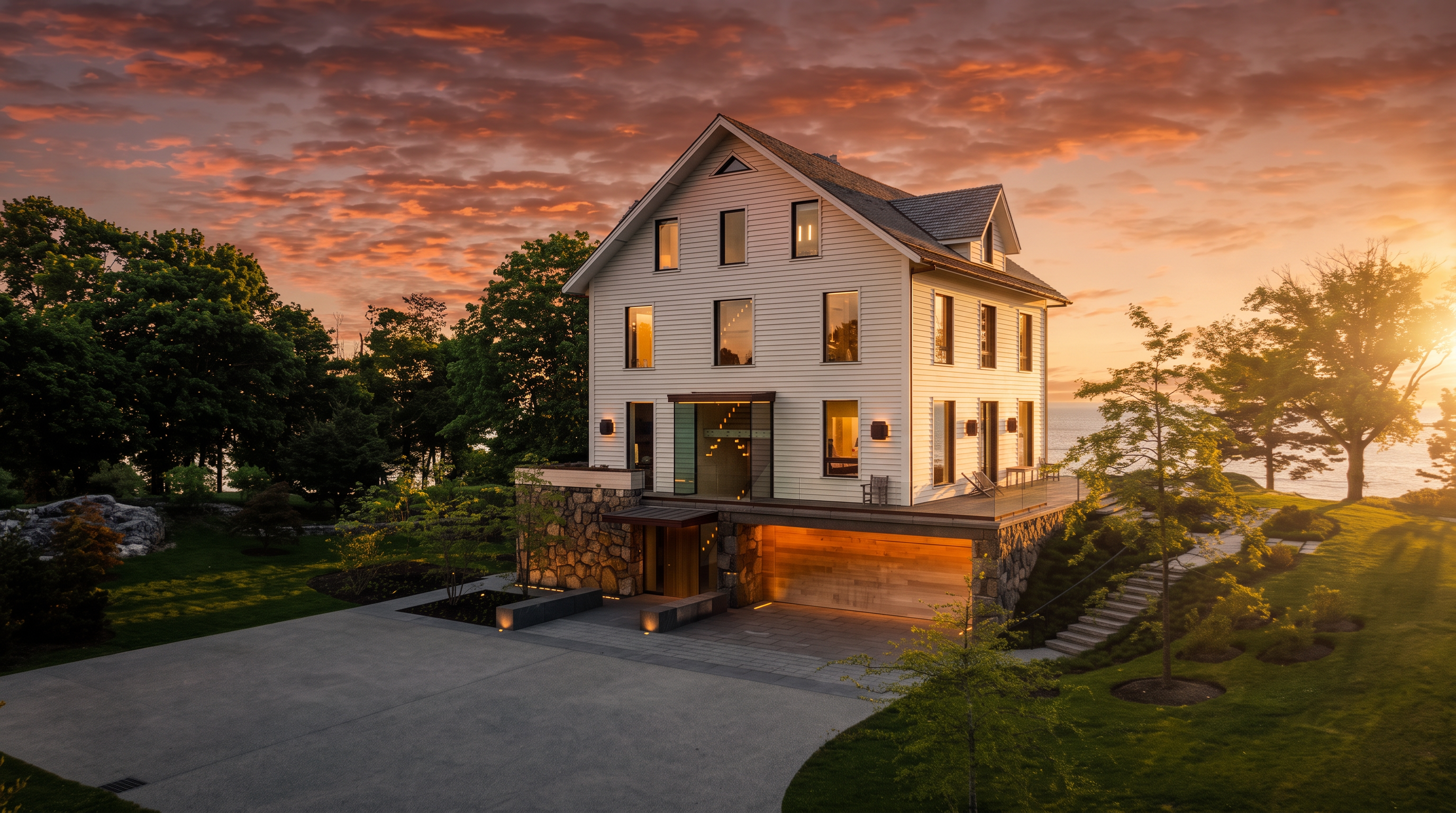 This striking modern residence features a blend of white horizontal siding and a rustic stone base, set against a dramatic sunset sky. The home includes a prominent integrated garage with warm interior lighting, a glass-enclosed entryway, and multiple levels of large windows that offer expansive views of the surrounding landscape and water. A concrete driveway leads to the entrance, while a stone staircase winds through the lush green lawn, creating a sophisticated and inviting architectural profile.