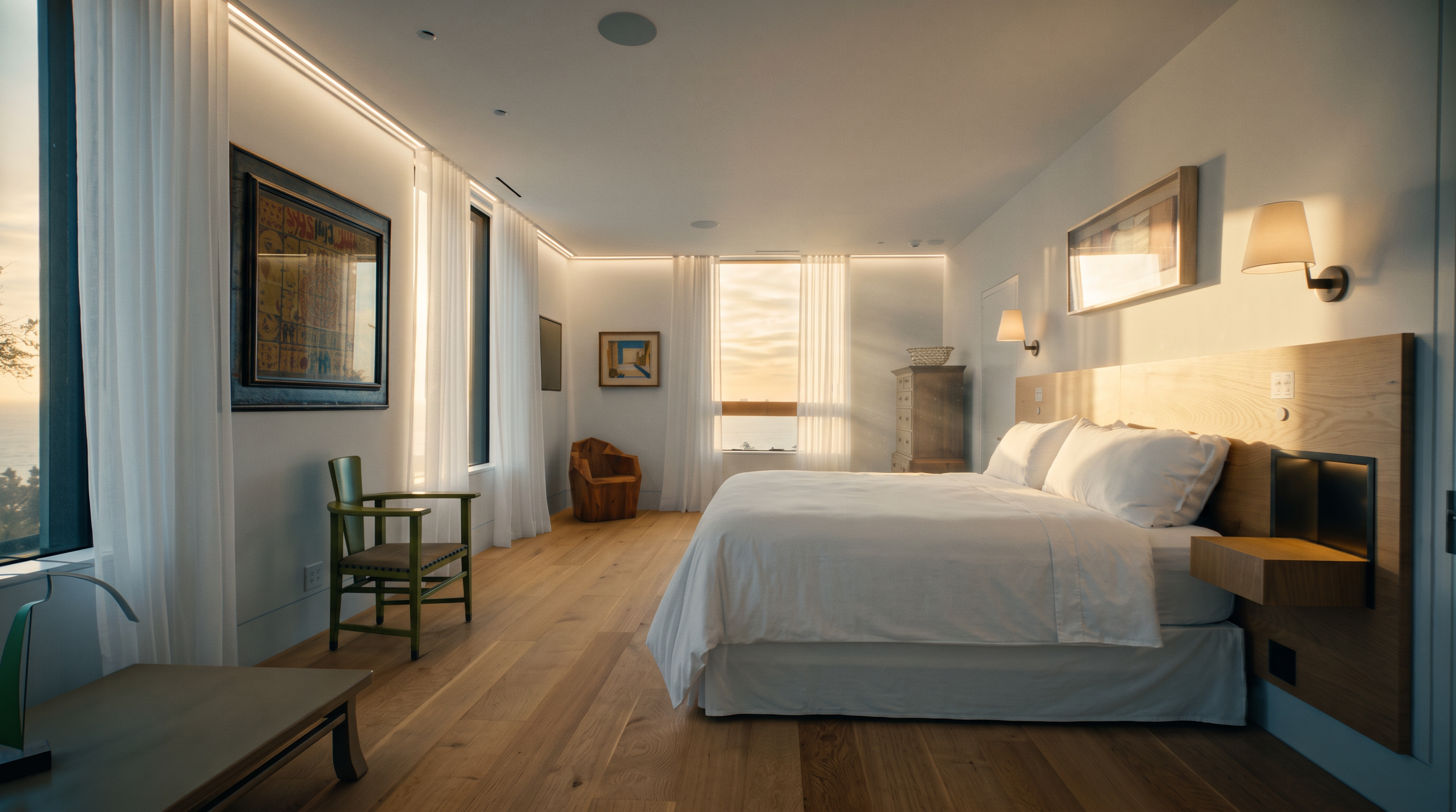 This spacious primary bedroom features light wood flooring and a minimalist aesthetic with white walls and sheer curtains. A large bed is centered against a light wood headboard wall panel with integrated bedside tables and wall-mounted lighting. The room is accented by a green wooden chair, a sculptural wooden stool, and large windows that provide expansive views of the ocean.