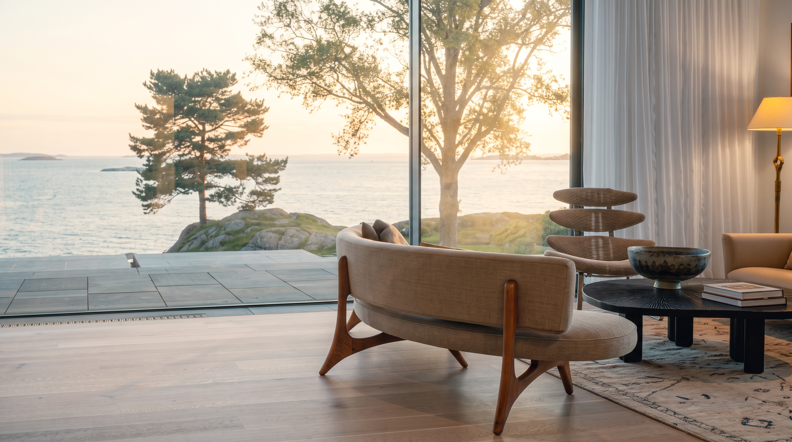This expansive, modern living room features light wood flooring and a minimalist aesthetic, anchored by a large, neutral-toned sectional sofa and a curved mid-century style sofa. The space is defined by massive floor-to-ceiling glass walls that frame a panoramic, unobstructed view of the ocean and rocky coastline. The open-concept layout emphasizes a seamless transition between the refined interior and the natural beauty of the waterfront setting.