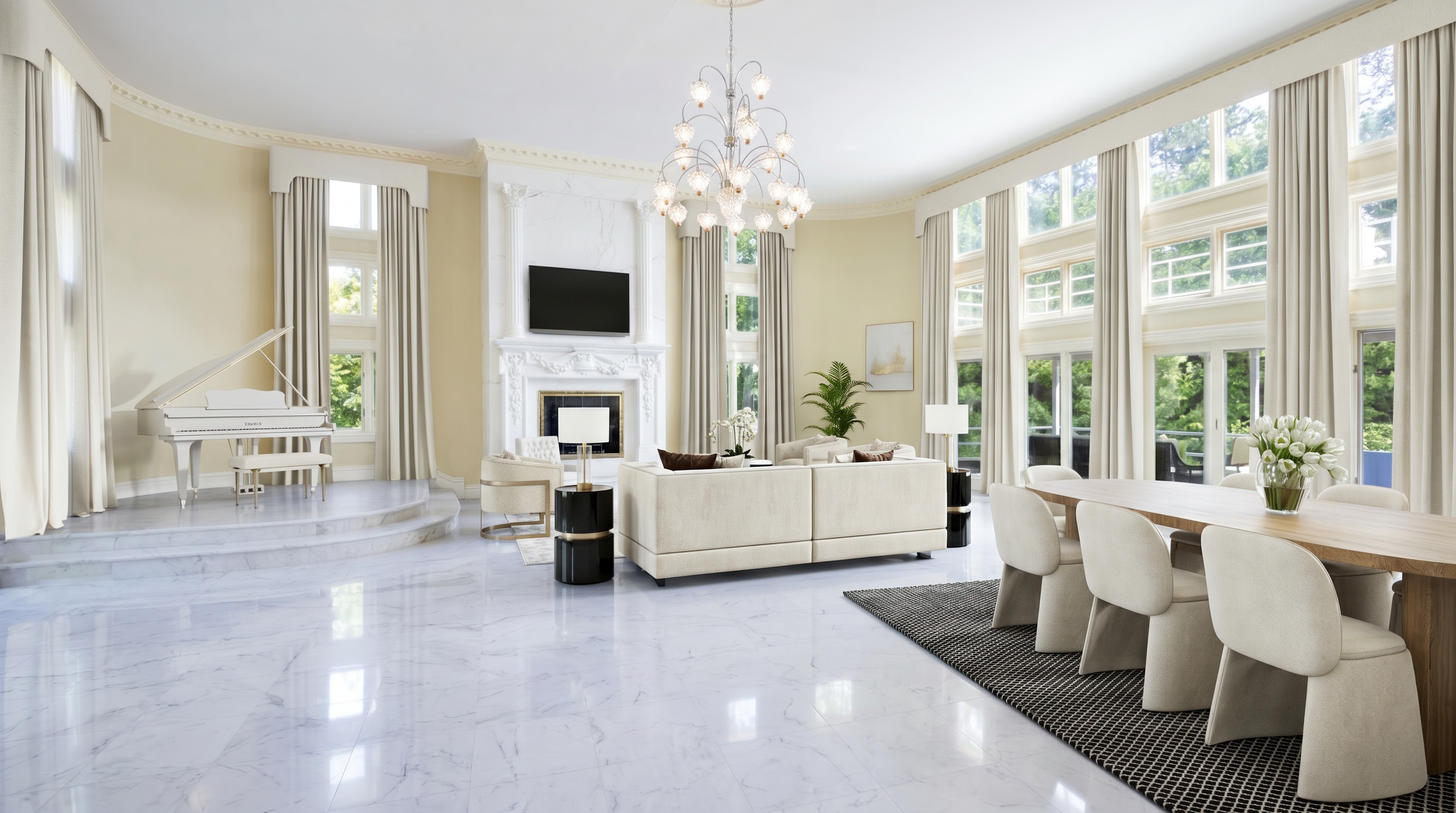 This grand, open-concept living space features high ceilings, light marble flooring, and an elegant fireplace with an integrated television. A classical grand piano sits on a raised marble dais to the left, while the bright, airy room transitions seamlessly into a formal dining area furnished with contemporary seating. With massive floor-to-ceiling windows draped in tall curtains, the room is flooded with natural light, creating a luxurious and sophisticated atmosphere.