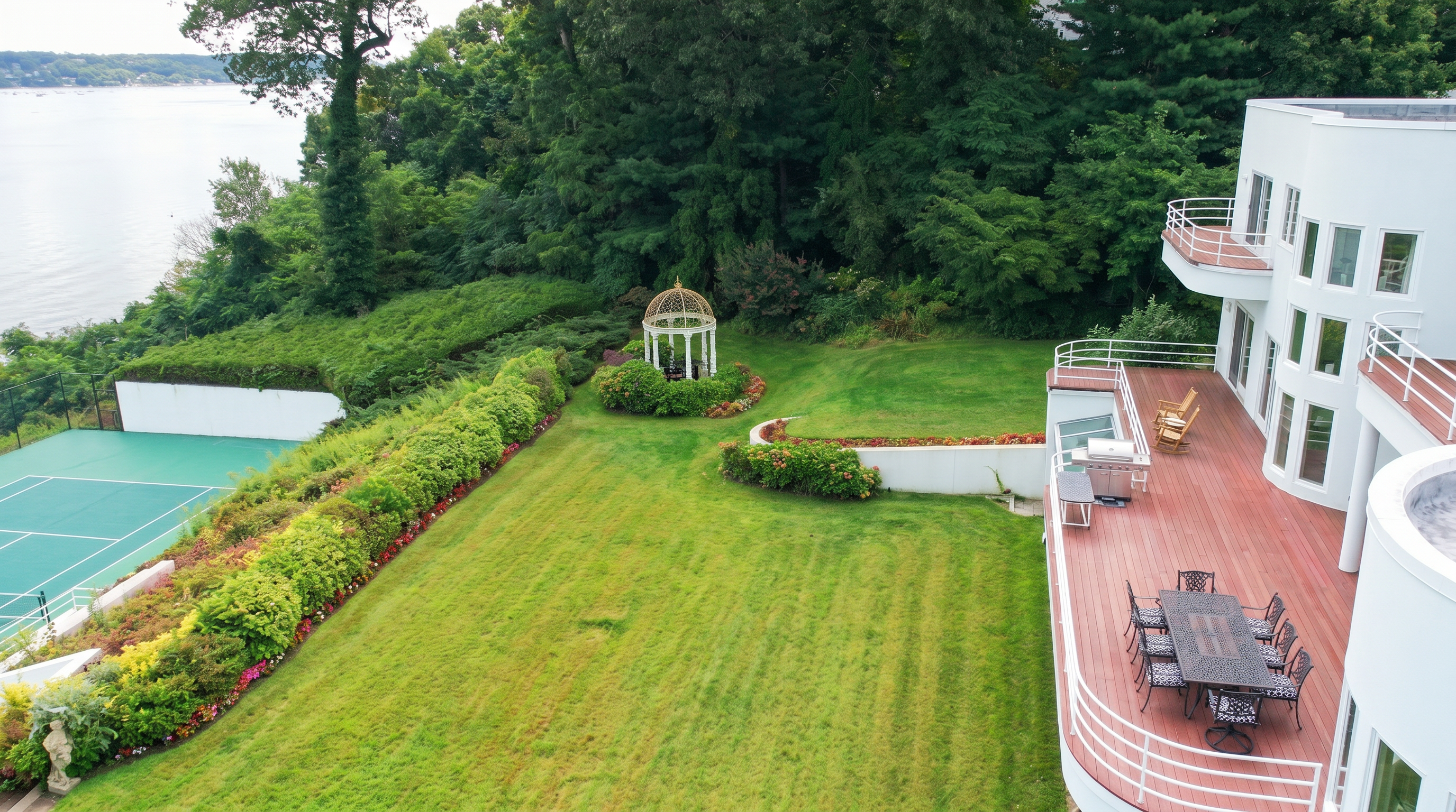 This stunning elevated aerial perspective showcases a luxurious property featuring an expansive multi-level wooden deck with an outdoor dining set and grilling station. The lush, well-kept lawn transitions seamlessly into a private tennis court, all set against a tranquil backdrop of mature trees and a scenic waterfront. The home's modern, tiered architectural design with prominent balconies emphasizes a sophisticated lifestyle and seamless indoor-outdoor living.