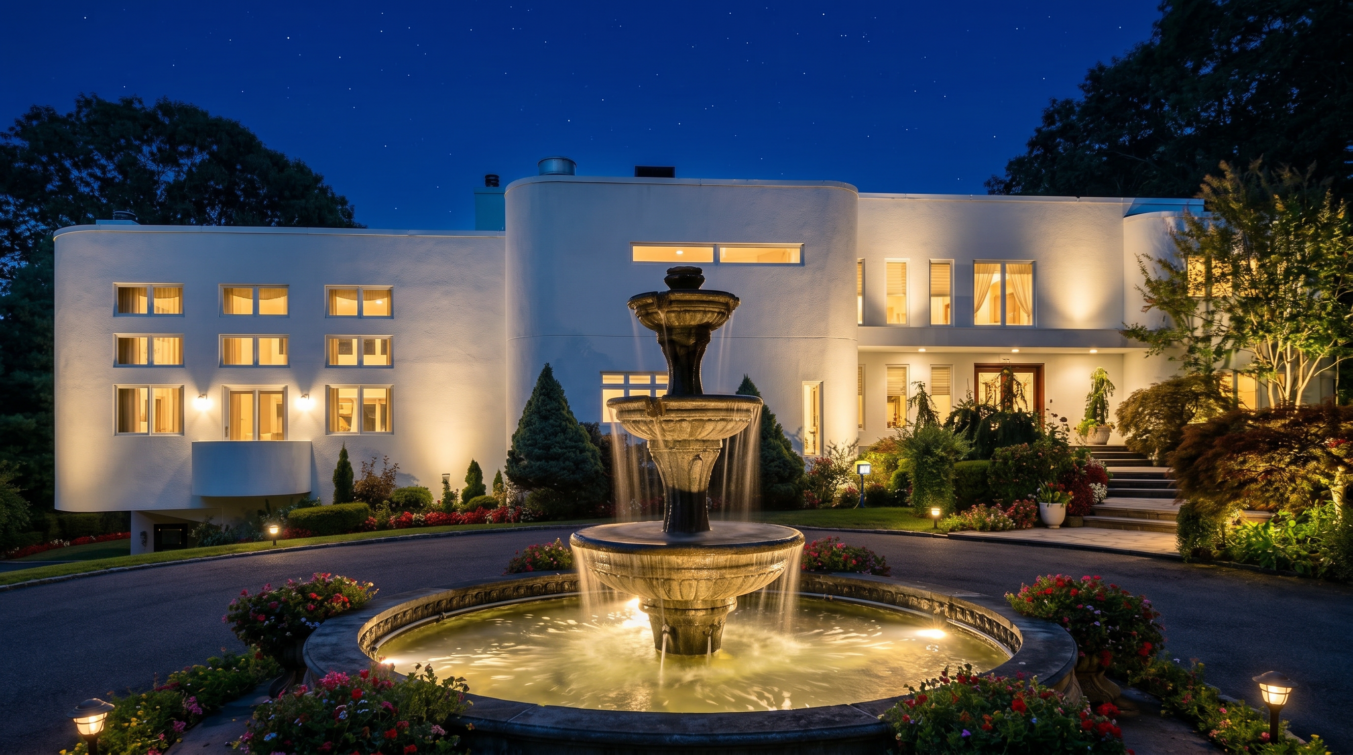 This striking, large-scale modern architectural estate features a smooth, light-colored facade with rounded wall elements and numerous evenly spaced windows. A grand multi-tiered stone fountain serves as the focal point of a circular driveway, framed by beautifully landscaped flower beds and lush greenery. The property is illuminated with professional exterior lighting against a clear, star-filled night sky, creating a luxurious and welcoming atmosphere.