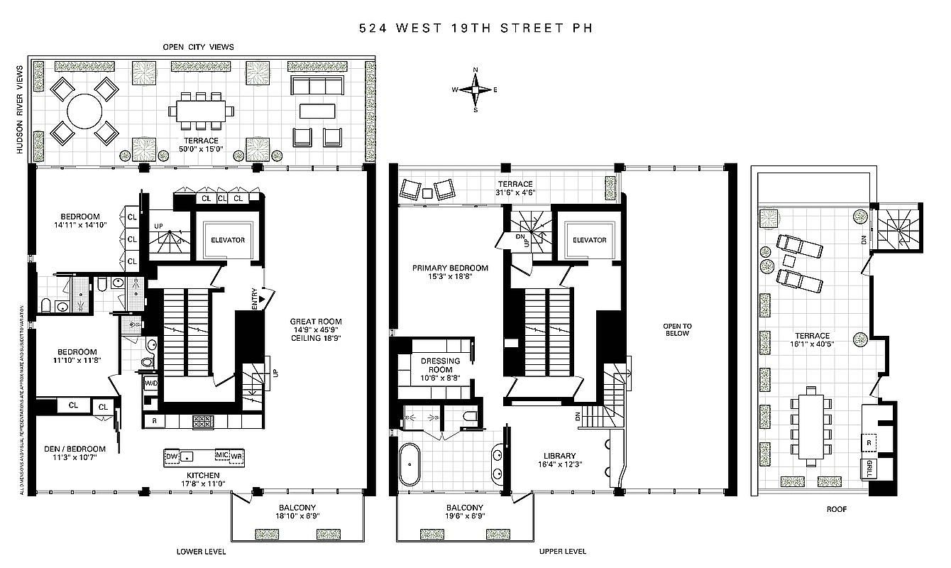 This image is a detailed architectural floor plan for a multi-level penthouse located at 524 West 19th Street. It illustrates the layout of the lower level, upper level, and roof terrace, showcasing features such as multiple bedrooms, a great room, a library, and extensive outdoor balcony and terrace spaces. The schematic provides a clear, top-down perspective of the property's spatial organization and flow.