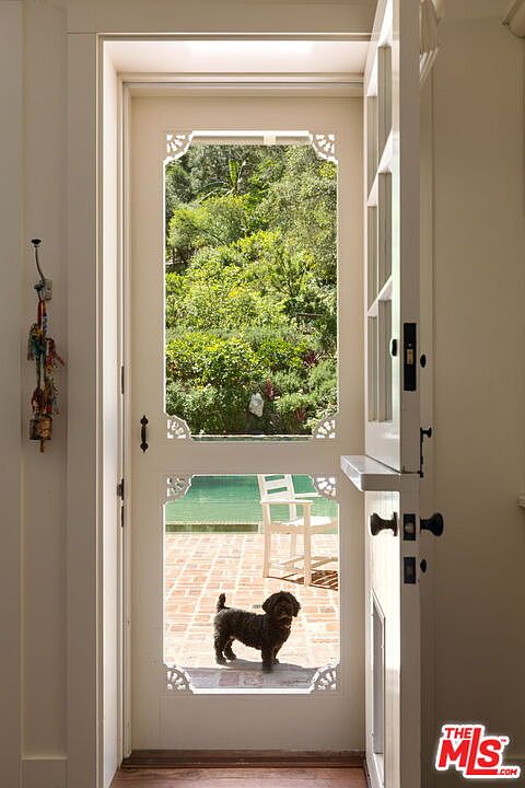 This interior perspective looks through an open Dutch-style door, revealing a sunlit brick patio and a lush garden beyond. A small dog stands on the patio, framed by the decorative screen door, which features intricate corner detailing. The scene captures a seamless transition between the home's interior and the outdoor living space, emphasizing a bright and inviting atmosphere.