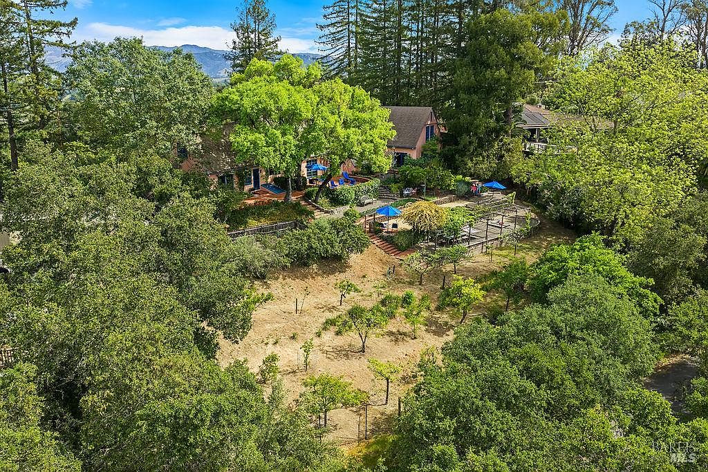 This high-angle aerial view captures a sprawling residential property nestled within a lush, wooded landscape. The home features a traditional architectural style with a multi-level layout, a terracotta-tiled patio area, and several blue umbrellas providing shade. Below the house, a terraced yard transitions into a gently sloping orchard area, creating a serene and private outdoor environment.
