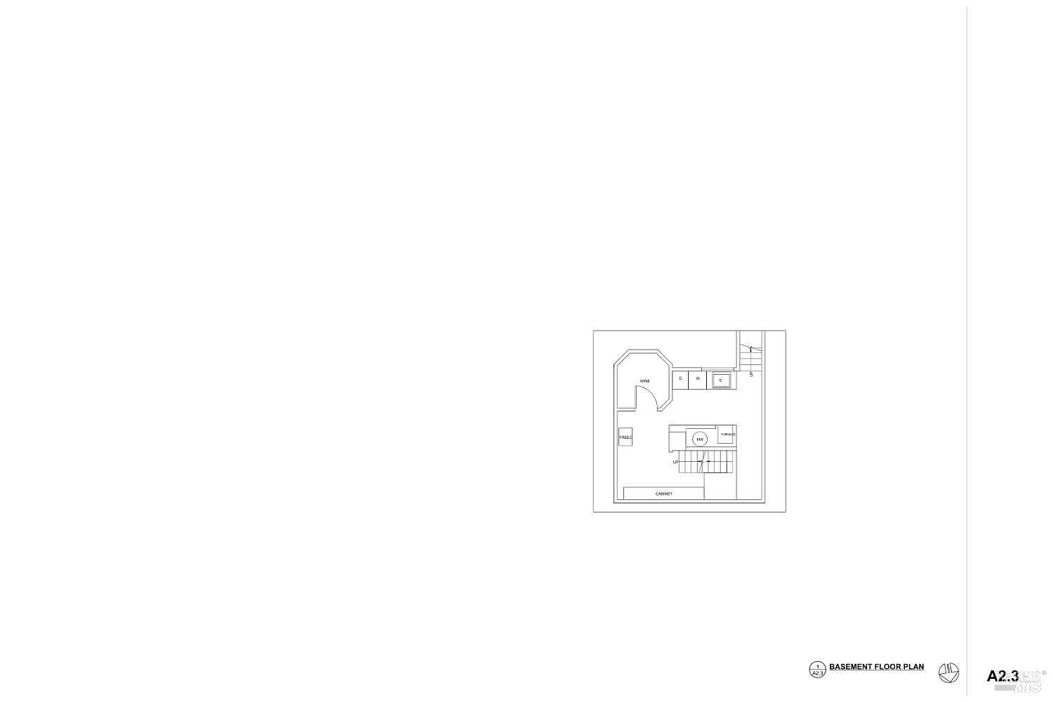 This image displays a technical architectural floor plan for a basement level. The layout includes a designated wine storage area, a laundry space with washer and dryer hookups, a furnace room, and a staircase leading to the upper level. The drawing provides a clear, top-down schematic view of the structural configuration and utility placement within the basement.