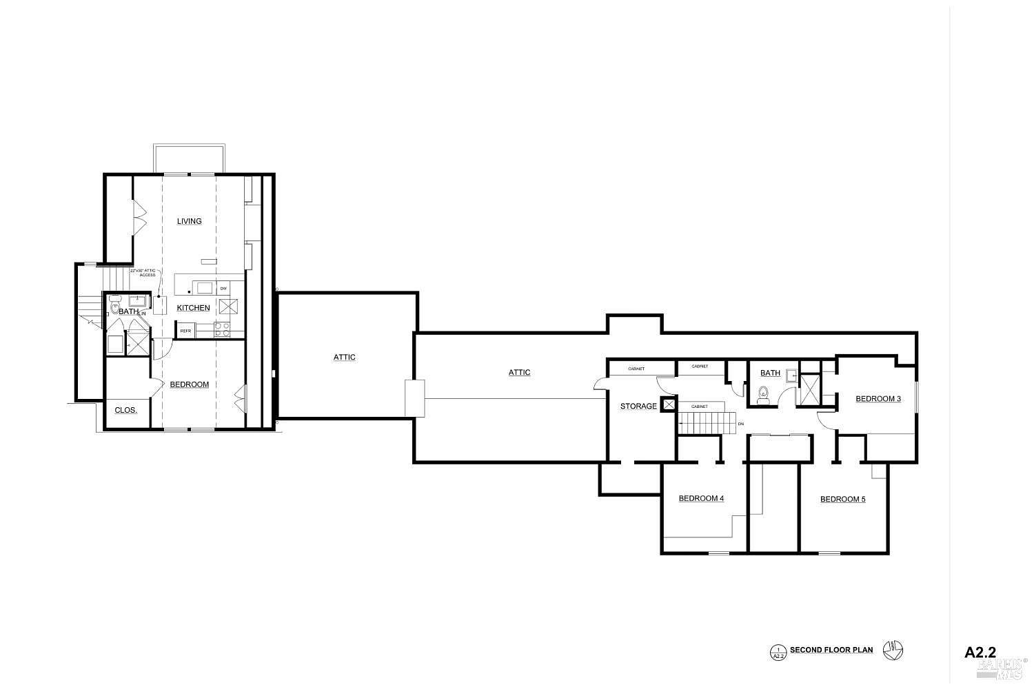 This image is a detailed architectural floor plan for the second level of a residential property. The layout features multiple bedrooms, bathrooms, storage areas, and attic spaces, providing a comprehensive overview of the home's spatial configuration. The drawing is presented in a clean, technical black-and-white format, clearly labeling each room and functional area.