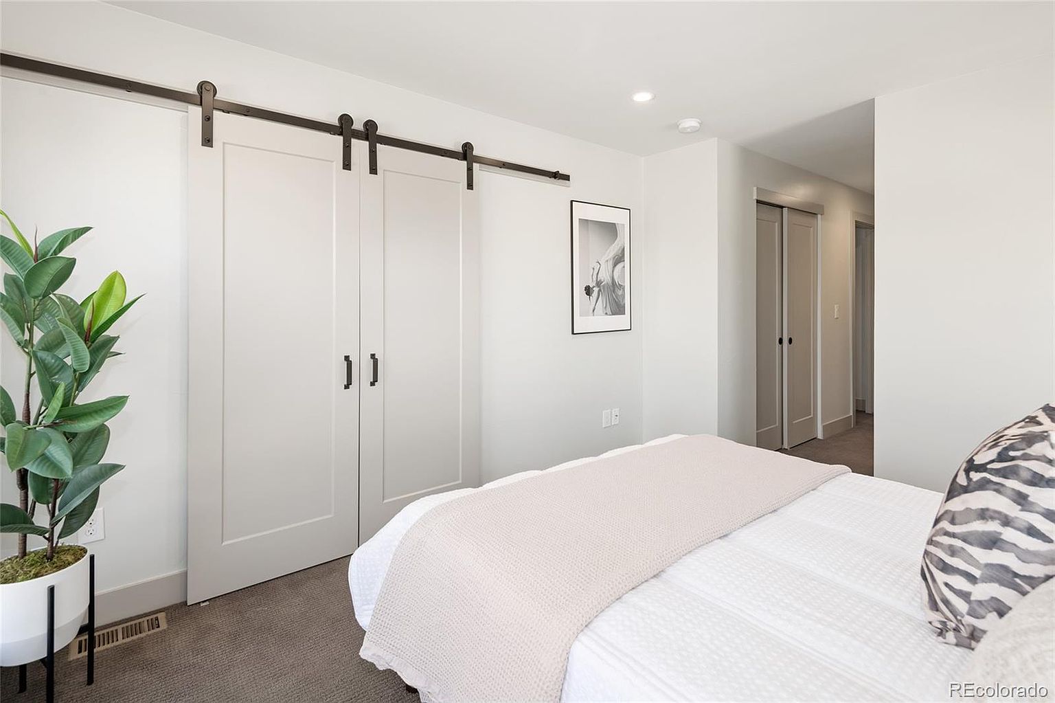 This is a bright and airy primary bedroom featuring a sliding barn door closet, a neutral color palette, and modern decor. The room is well-lit, showcasing a comfortable bed with a light-colored throw and a decorative pillow. A potted plant adds a touch of nature to the space.