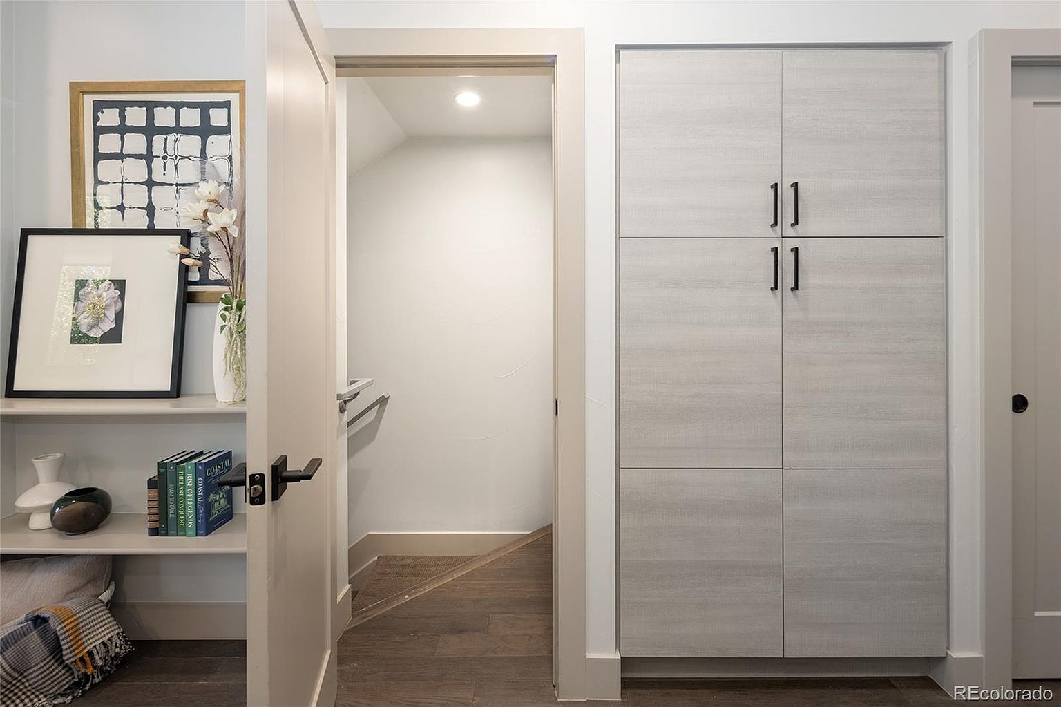 This interior shot showcases a hallway with hardwood flooring leading to a lower level, as suggested by the descending stairs. A built-in storage unit with sleek, light-colored doors and modern black handles is visible on the right. To the left, a partially open door reveals a shelving unit with decorative items, adding a touch of style to the space.