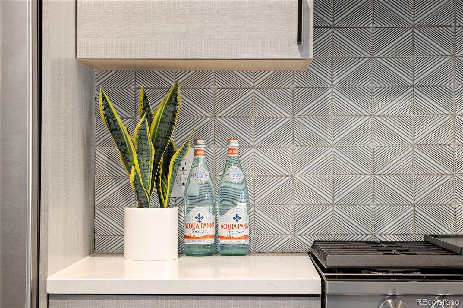 This is a detailed shot of a modern kitchen countertop featuring a snake plant in a white pot and two bottles of Acqua Panna. The backsplash is a geometric tile pattern, and the countertop is a light, possibly quartz material. The image highlights the clean lines and contemporary design of the kitchen space.