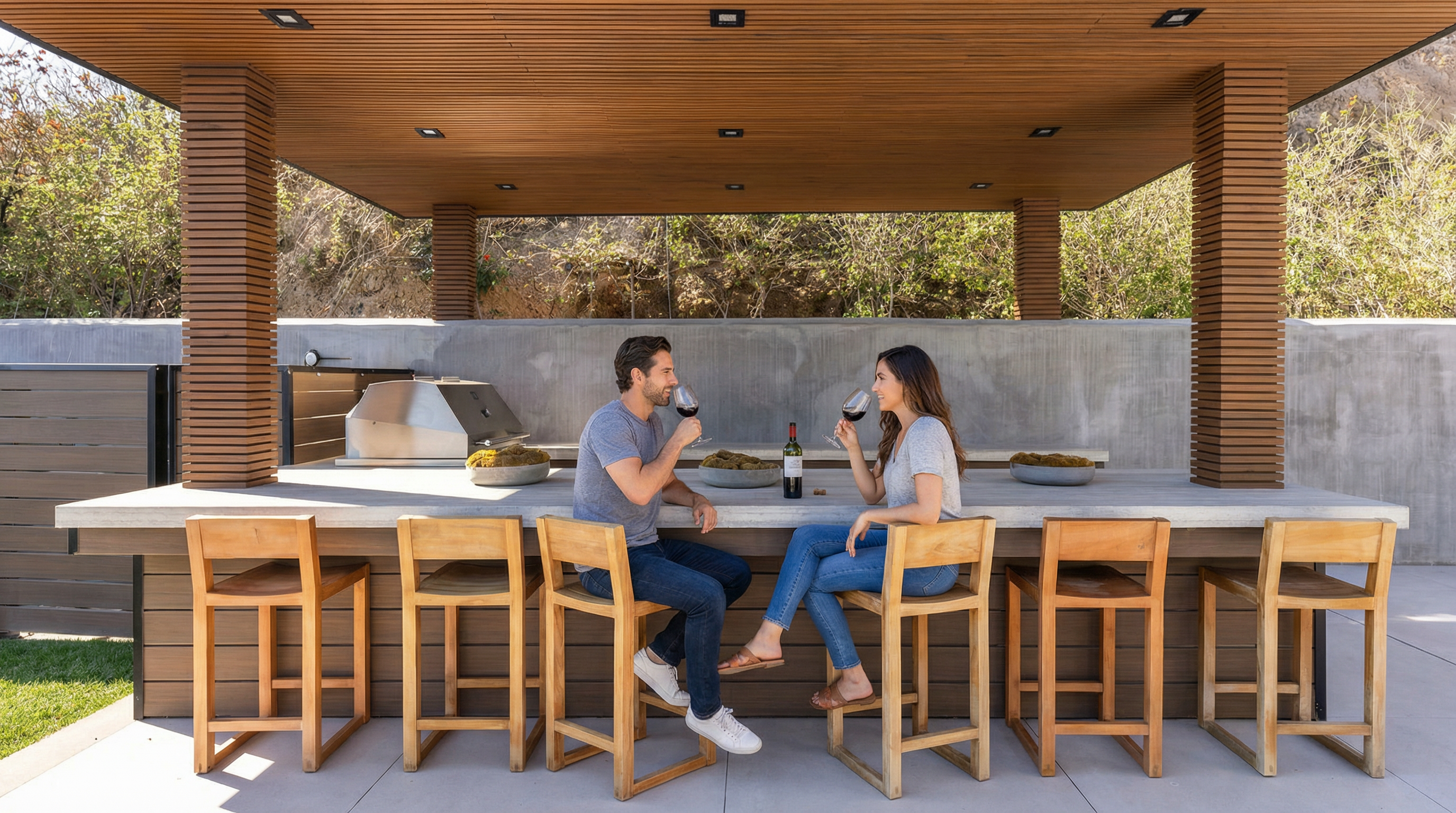 This sophisticated outdoor kitchen and bar area features a sleek concrete countertop supported by a warm wood-slatted base and matching bar stools. The space is sheltered by a modern, slatted wood ceiling with recessed lighting, set against a clean concrete wall backdrop. The overall aesthetic is contemporary and minimalist, perfect for high-end outdoor entertaining.