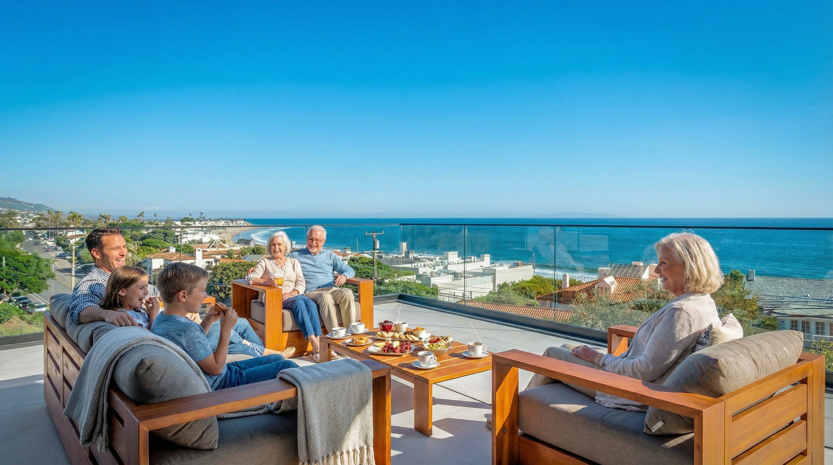 This stunning rooftop deck features modern wooden outdoor furniture, including a sofa and armchairs, arranged to take full advantage of the panoramic ocean views. The space is enclosed by a sleek glass railing, creating an unobstructed connection between the terrace and the coastal landscape below. The bright, sunny atmosphere and clean lines emphasize a luxurious, contemporary lifestyle perfect for entertaining.
