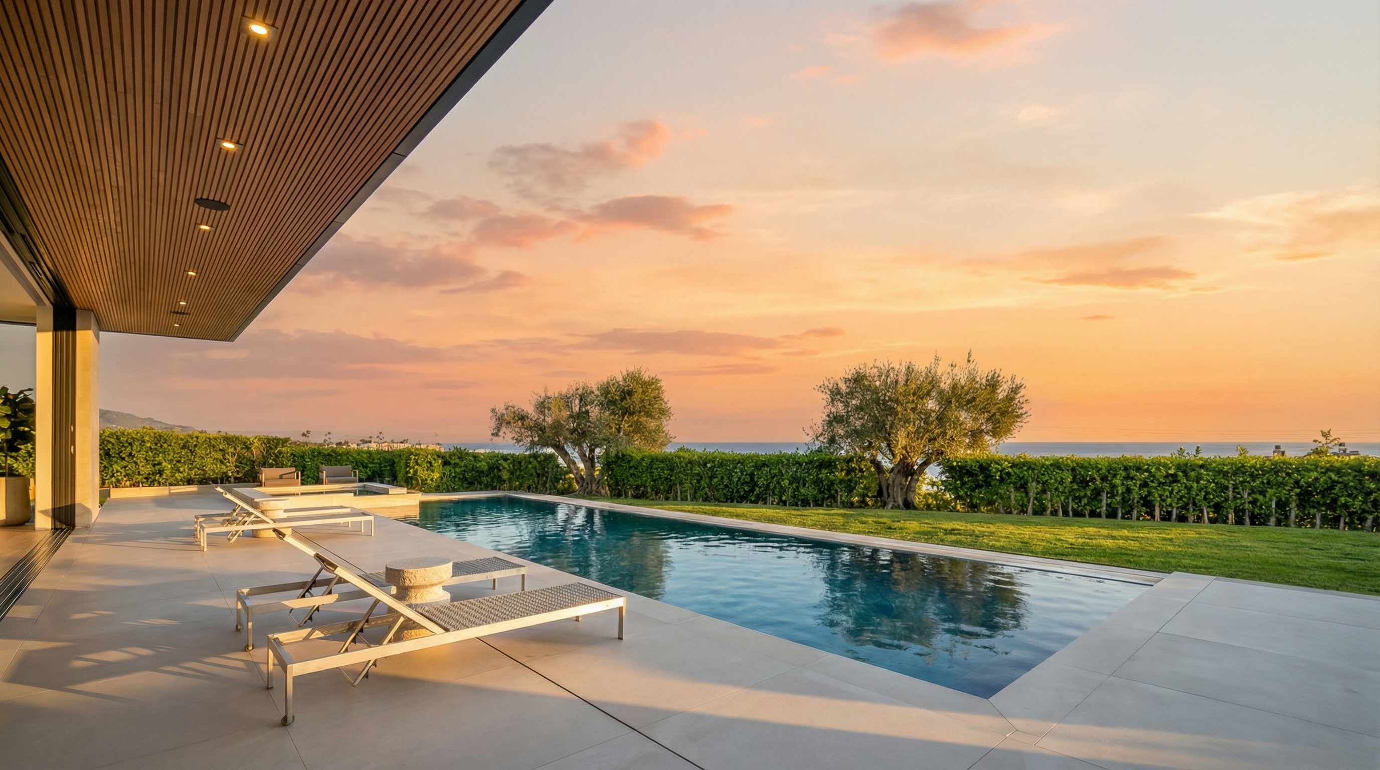 This stunning outdoor space features a sleek, rectangular infinity-edge swimming pool that seamlessly blends with the horizon of the ocean in the background. The expansive concrete patio is furnished with modern lounge chairs, providing a perfect vantage point for the manicured lawn and mature olive trees. The overall aesthetic is one of luxurious, contemporary coastal living, emphasizing clean lines and an open, airy atmosphere.