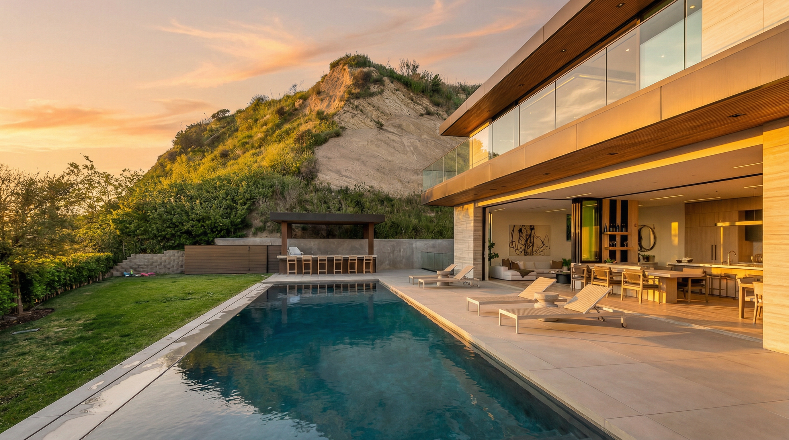 This stunning modern luxury estate features a sleek, rectangular infinity-edge pool as the centerpiece of its expansive outdoor living area. The scene includes a covered outdoor bar with seating, a manicured lawn, and contemporary lounge chairs on a spacious patio, all set against a dramatic, rugged hillside backdrop. The seamless transition between the indoor living space and the outdoor terrace highlights a sophisticated, high-end architectural design.
