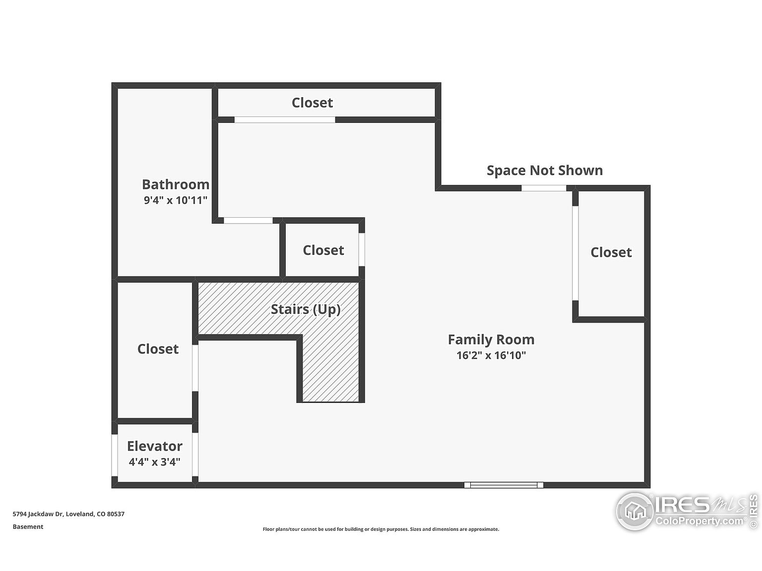 This image showcases a floor plan of a basement. The layout includes a family room, bathroom, elevator, and several closets, along with a staircase. The dimensions of each room are clearly labeled, providing a comprehensive overview of the basement's spatial arrangement.