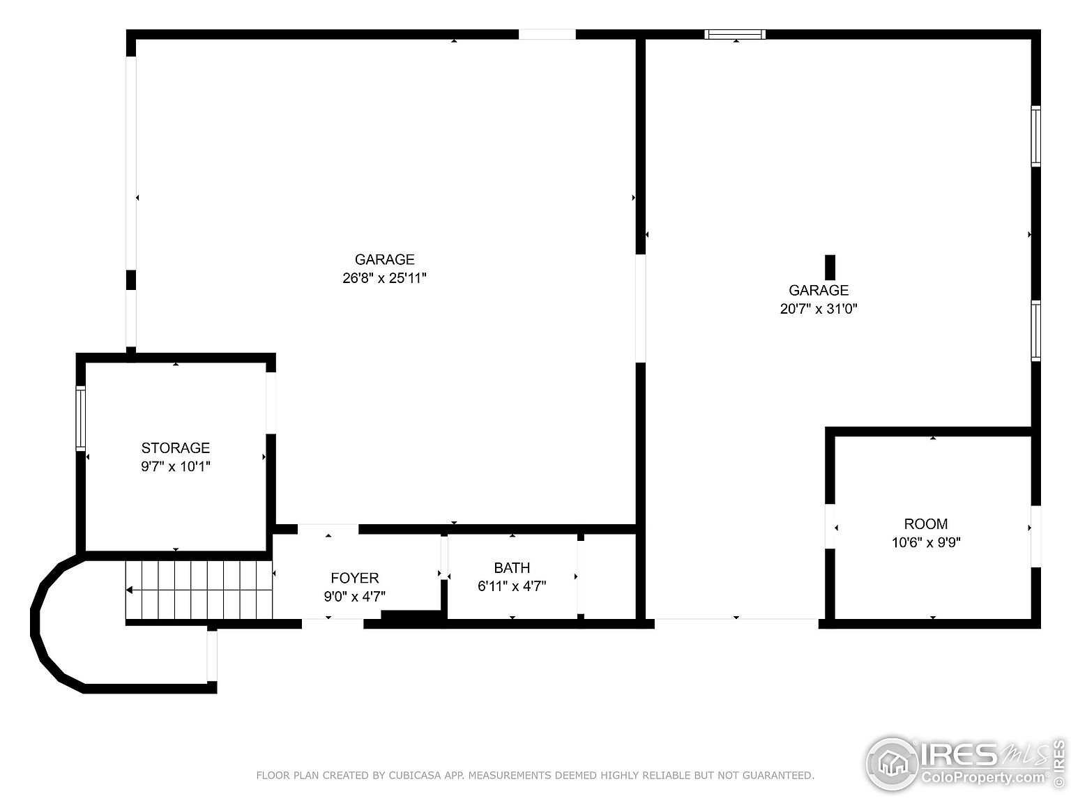 This image presents a floor plan of a property, detailing the layout and dimensions of various rooms including two garages, a storage area, a foyer, a bathroom, and a room. The plan provides a top-down view, illustrating the spatial relationships between these areas and their respective sizes, offering a comprehensive overview of the property's structure.