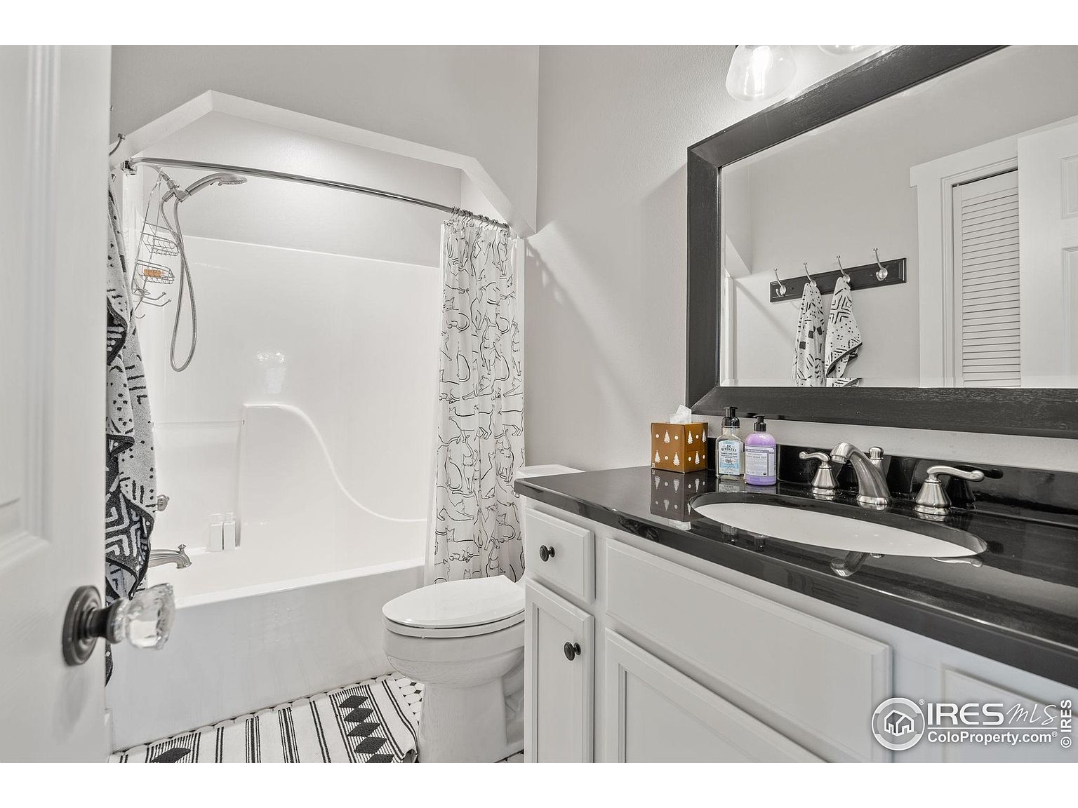 This is a well-lit bathroom featuring a white vanity with a black countertop and a framed mirror. The bathroom includes a toilet and a bathtub with a shower curtain. The floor is decorated with a black and white patterned rug, adding a touch of style to the space.