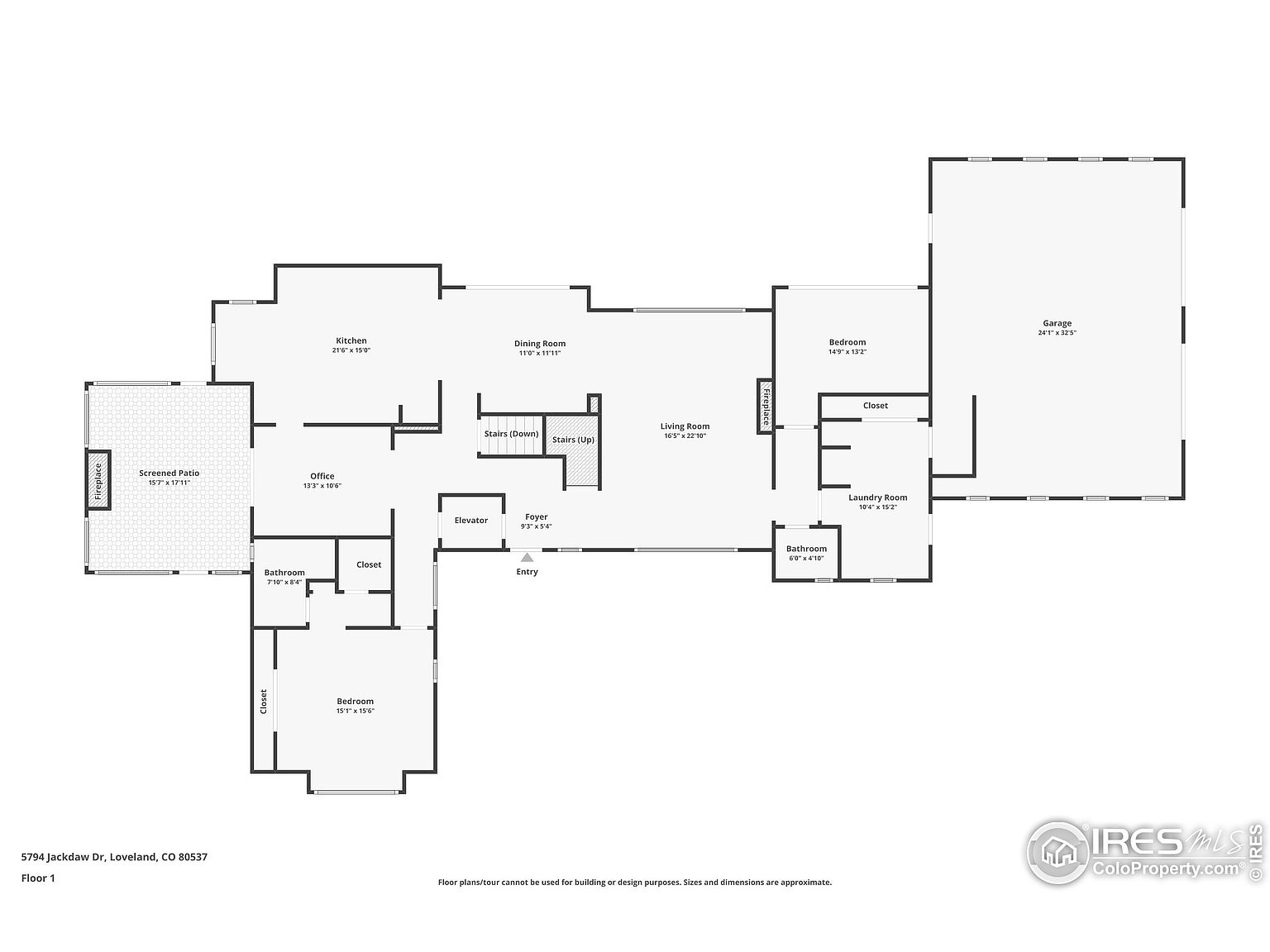 This image presents a detailed floor plan of a residential property, showcasing the layout of rooms including the kitchen, dining room, living room, bedrooms, bathrooms, office, laundry room, and garage. The plan also indicates the presence of features like a screened patio, fireplace, elevator, and stairs, providing a comprehensive overview of the home's structure and spatial arrangement.