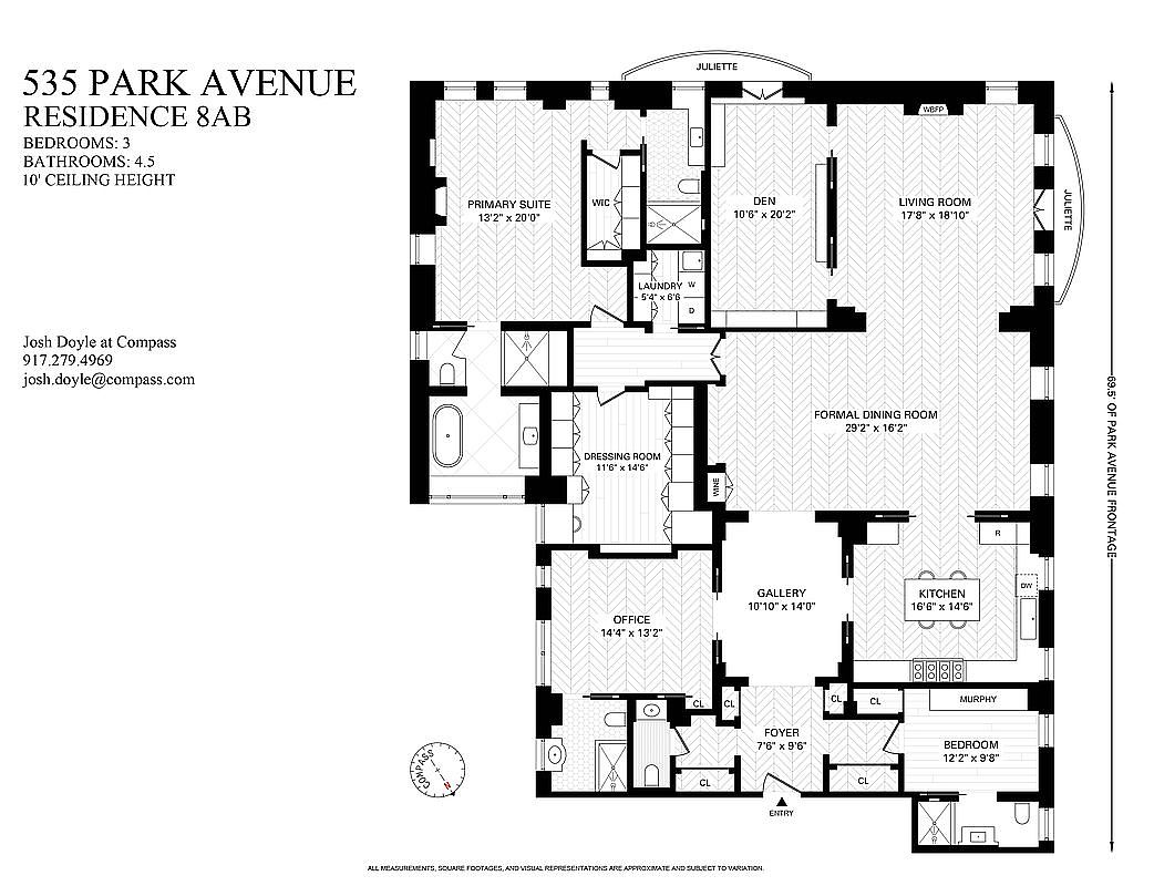This image presents a detailed floor plan of a residence, showcasing the layout of rooms including the primary suite, den, living room, formal dining room, kitchen, gallery, office, foyer, and bedroom. Dimensions are provided for each room, offering a clear understanding of the space's configuration and size. The plan also indicates the presence of features like a laundry room, walk-in closet, and juliettes.