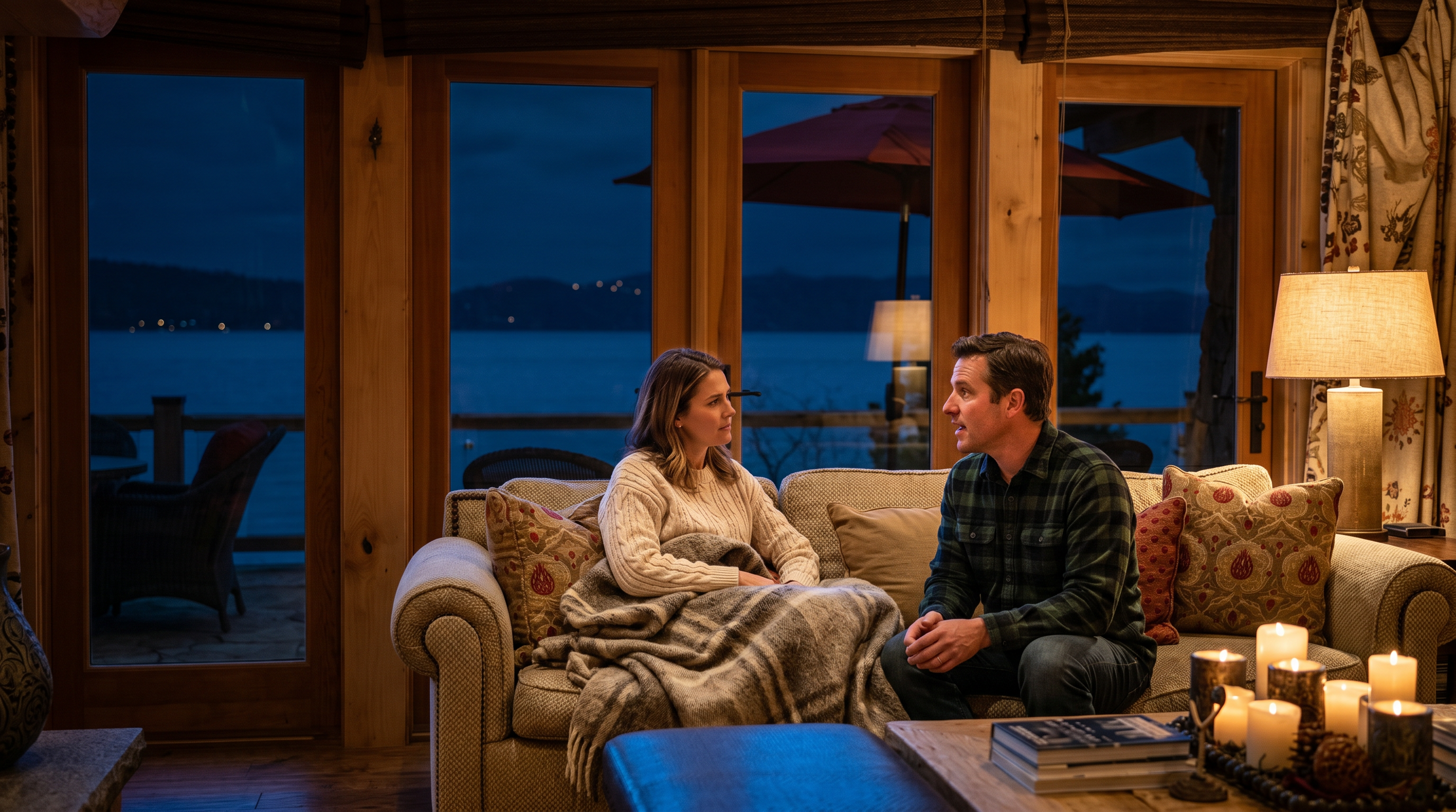 This spacious, open-concept living area features stunning vaulted wooden ceilings with exposed beams and expansive sliding glass doors that provide panoramic lake views. The room is decorated in a sophisticated rustic style, furnished with plush seating, a substantial wooden coffee table, and an ornate traditional rug that adds warmth to the hardwood flooring. The seamless transition into the adjacent dining area and kitchen creates an inviting, airy space perfect for entertaining.