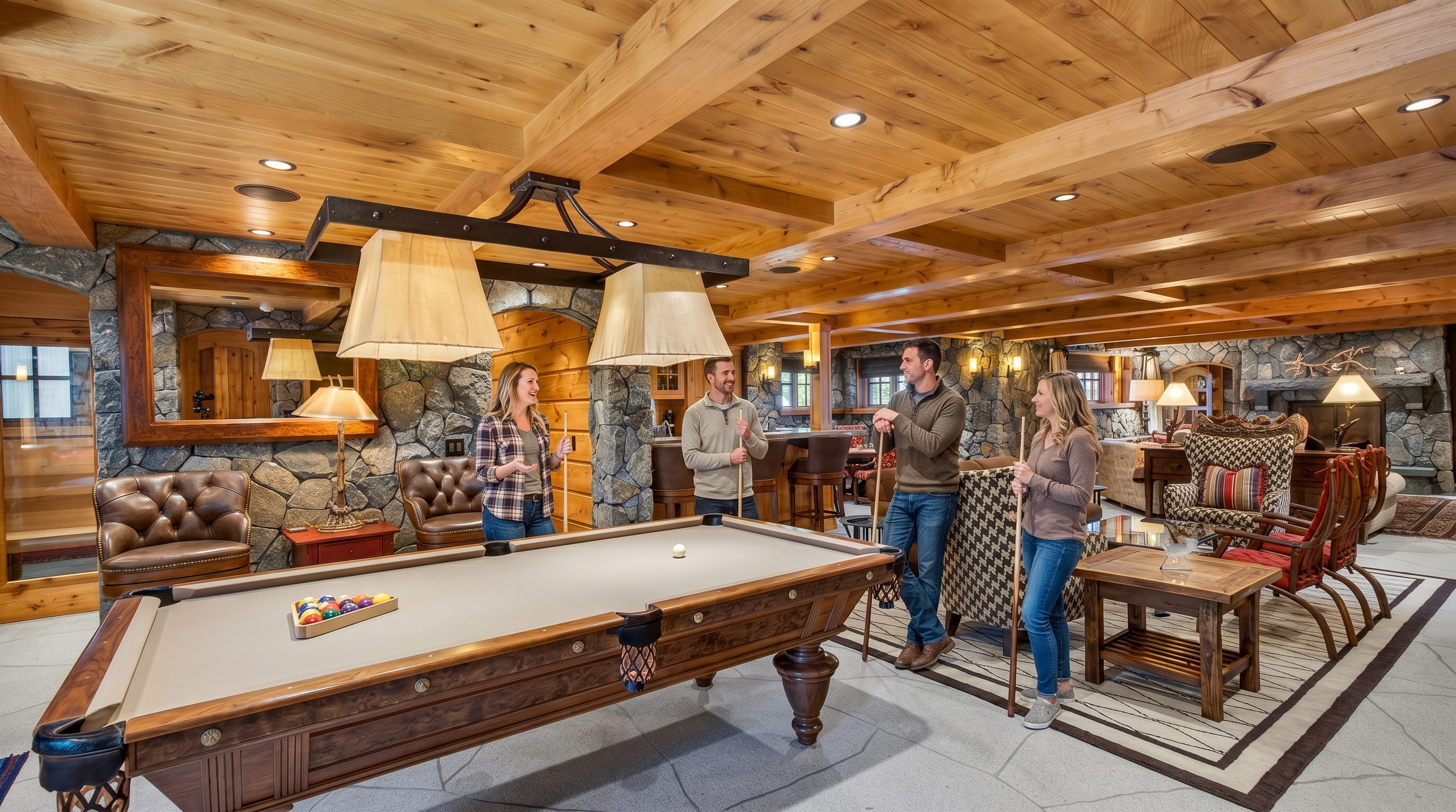 This spacious and rustic-themed basement features a prominent billiards table under statement lighting, serving as a focal point of the entertainment area. The room includes comfortable lounge seating, a wet bar with stools, and distinctive stone wall accents, offering a warm and inviting atmosphere. Exposed timber ceiling beams and stone flooring enhance the cozy, cabin-like aesthetic throughout the space.