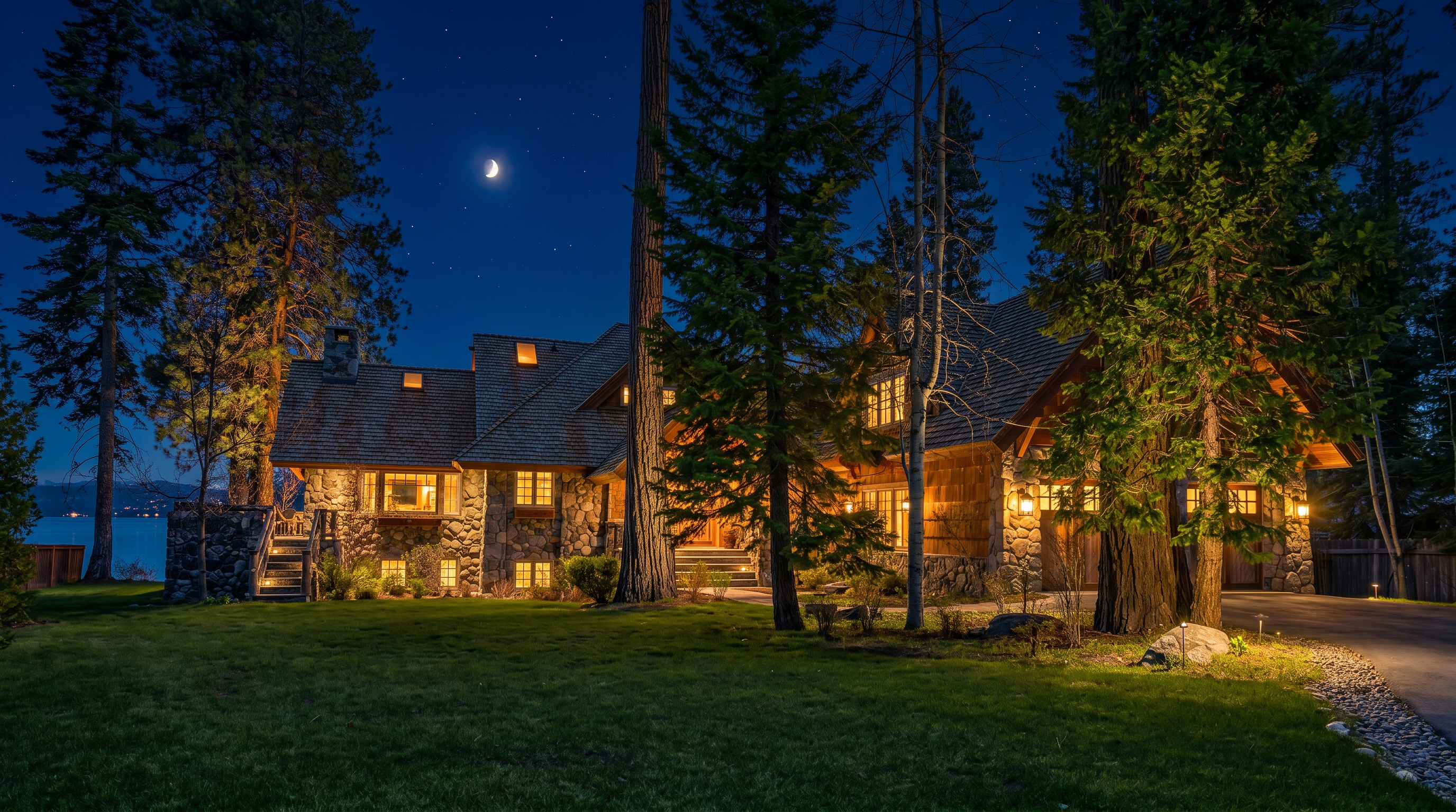 This charming rustic estate features a blend of natural stone masonry and wood-shingled roofing, nestled within a lush, tree-filled landscape. The property includes a paved driveway leading to a garage and a spacious front lawn, conveying a peaceful and private mountain retreat feel. Its architectural style integrates harmoniously with the surrounding forest and nearby waterfront.
