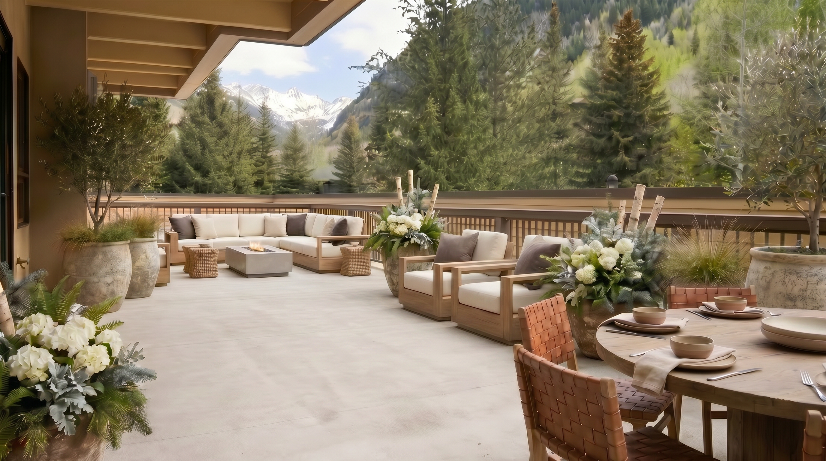 This spacious, luxury outdoor deck offers a serene mountain view and is thoughtfully designed for both dining and relaxing. Feature elements include a modern concrete fire pit set between cushioned lounge chairs and a rustic wooden dining set with woven leather chairs. The deck is beautifully accented with oversized potted trees and seasonal floral arrangements, creating an inviting, high-end atmosphere.