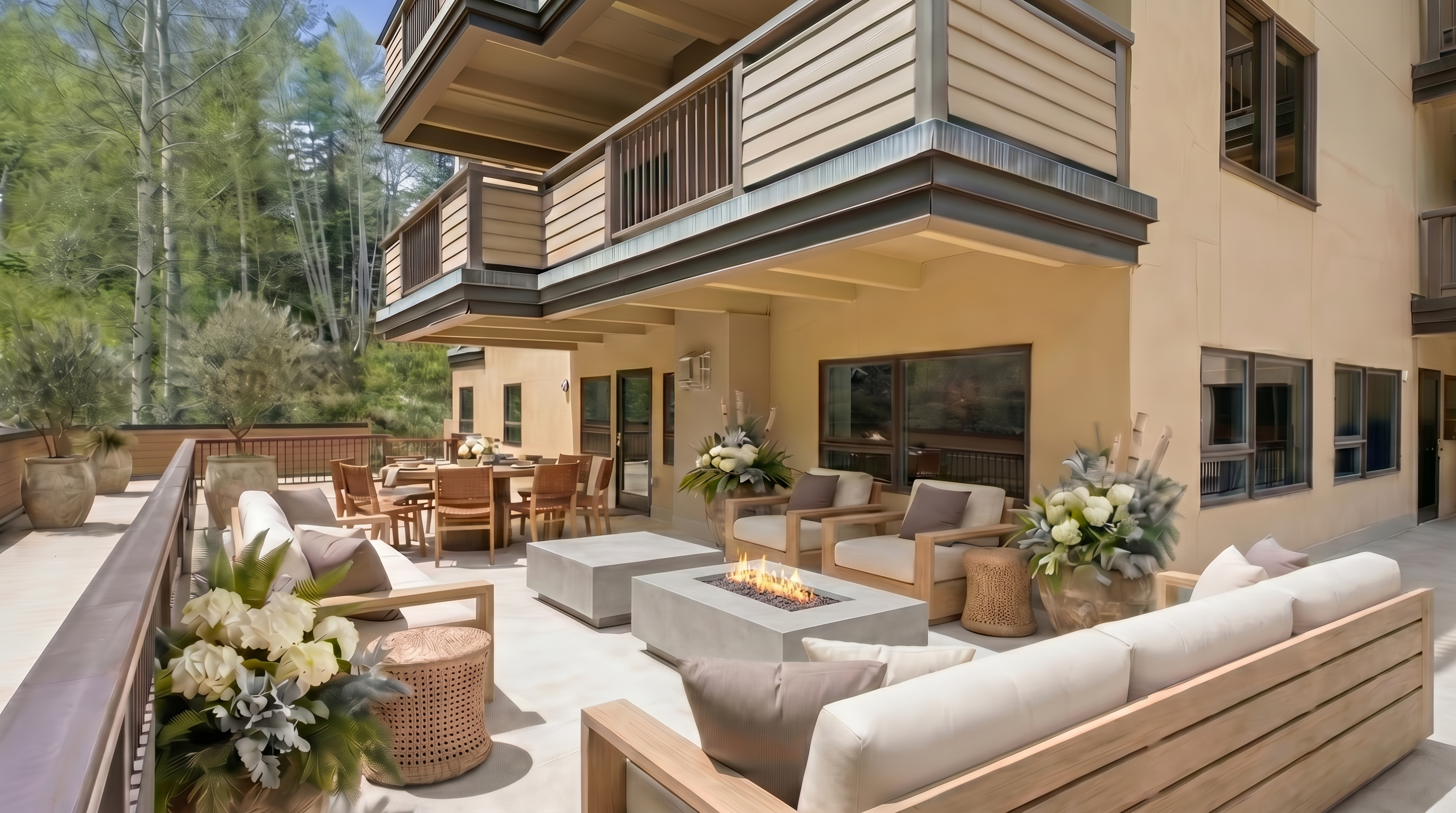 This spacious, modern patio offers an expansive outdoor living area featuring a sleek concrete rectangular fire pit and high-end, comfortable teak wood furniture with light neutral cushions. The area is tastefully decorated with various potted floral arrangements and greenery, creating a serene and inviting atmosphere. Overlooking a lush, wooded backdrop, this well-appointed balcony serves as an ideal setting for relaxation and outdoor entertaining.
