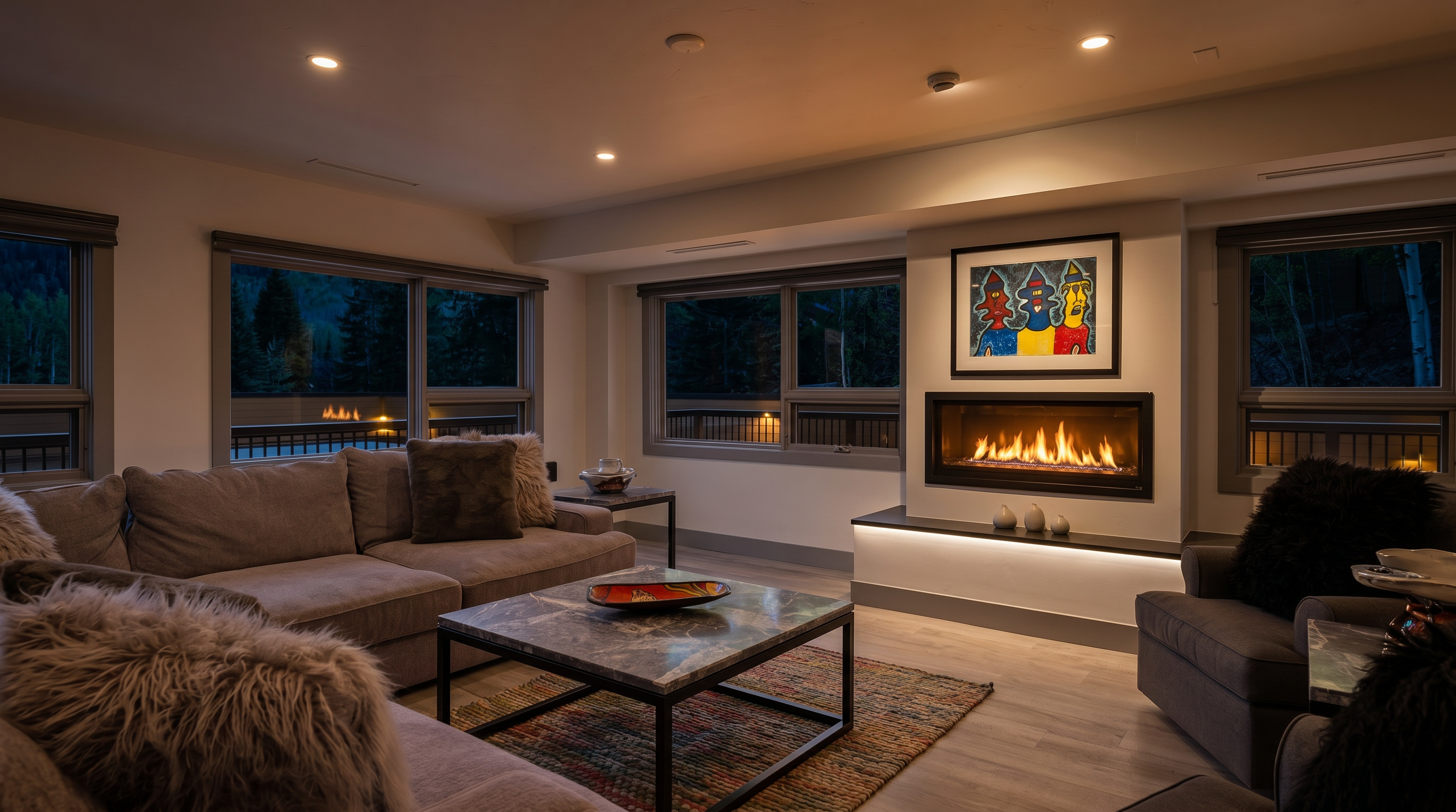 This bright and modern living room features a comfortable grey sectional sofa adorned with plush, textured throw pillows, centered around a sleek marble-topped coffee table. A contemporary fireplace serves as a focal point, topped with vibrant, abstract artwork, while large windows provide ample natural light and views of the surrounding forest. The space is grounded by a colorful, multi-textured area rug, creating a cozy yet sophisticated atmosphere perfect for relaxation.