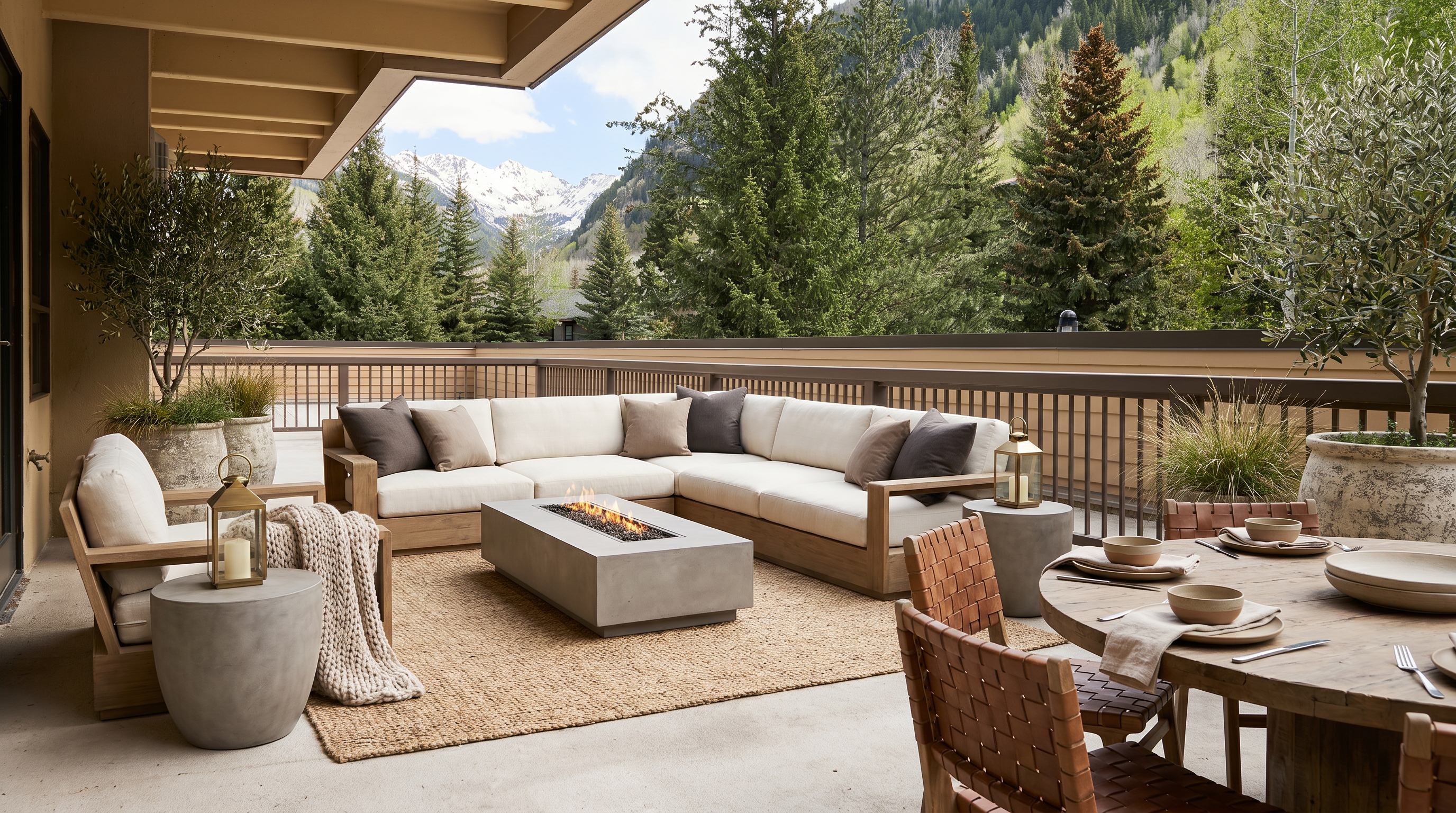 This spacious, luxury balcony offers a serene outdoor living area with a large sectional sofa, a central fire pit, and a separate dining table, making it an ideal space for entertaining. The setting features teak furniture with soft, neutral cushions and provides breathtaking, unobstructed views of snow-capped mountains and evergreen trees. The sophisticated design seamlessly blends modern comfort with a natural, rustic aesthetic.
