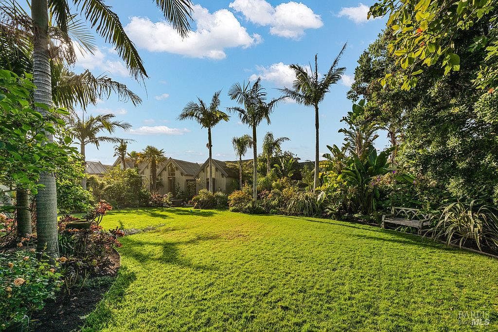 This lush, expansive backyard features a well-manicured green lawn framed by a variety of mature palm trees and dense, vibrant landscaping. A rustic wooden bench sits tucked away on the right side, offering a peaceful seating area amidst the greenery. In the background, the rear facade of a home with traditional architectural details is partially visible through the foliage, creating a serene and private garden atmosphere.