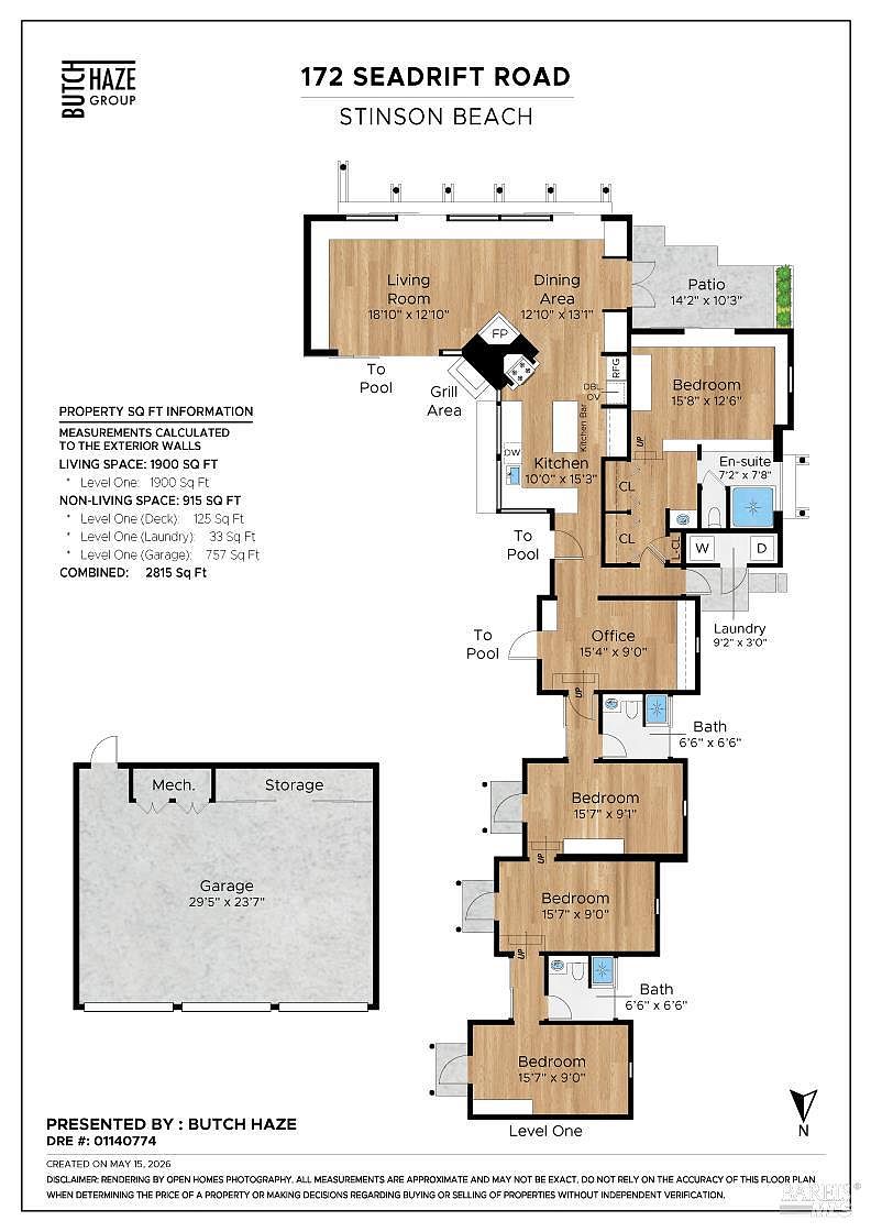 This image is a detailed architectural floor plan for a property located at 172 Seadrift Road in Stinson Beach. The layout illustrates a comprehensive single-level design, featuring a large living room, dining area, kitchen, multiple bedrooms, bathrooms, an office, and a spacious garage. The diagram provides precise square footage measurements for both living and non-living spaces, offering a clear overview of the home's spatial configuration.
