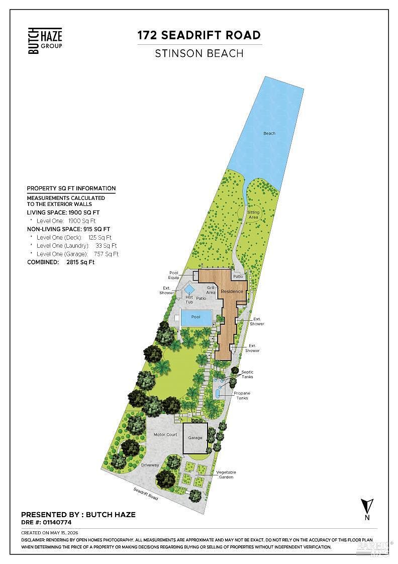 This image is a detailed site plan and floor plan for 172 Seadrift Road in Stinson Beach, providing a top-down aerial perspective of the property layout. It illustrates the residence's position on the lot, including the motor court, garage, vegetable garden, pool, hot tub, and direct beach access. The diagram clearly labels various exterior features and provides a breakdown of the living and non-living square footage.