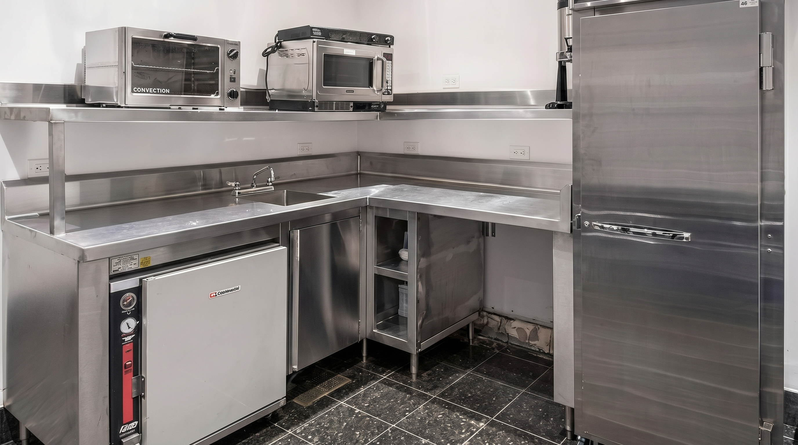This commercial-grade kitchen space features stainless steel countertops, a large industrial refrigerator, and professional-style appliances including a convection oven and microwave. The room is finished with dark, speckled tile flooring and clean, white walls, creating a functional and utilitarian aesthetic. The perspective is a wide-angle shot from the corner, showcasing the efficient layout and professional equipment.