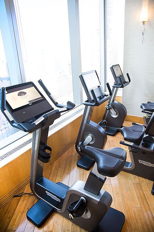 This image showcases a well-appointed hotel or residential fitness center featuring multiple high-end Technogym stationary exercise bikes arranged in a row. The space is bathed in natural light from large floor-to-ceiling windows that offer an expansive city view, creating an airy and professional atmosphere. The warm wood flooring and sleek, modern equipment contribute to a clean, upscale aesthetic suitable for a luxury property.