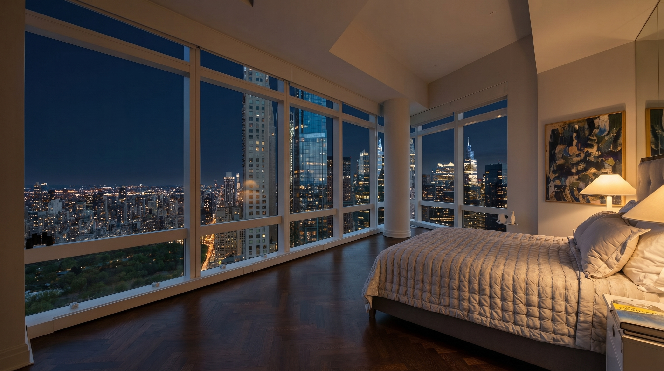 This luxurious primary bedroom features floor-to-ceiling windows offering a breathtaking, panoramic night view of a sprawling cityscape, including a park below. The room is characterized by rich, dark herringbone-patterned hardwood floors, a plush quilted bed, and sophisticated warm ambient lighting. The modern, open design emphasizes a high-end, urban living experience that seamlessly blends comfort with unparalleled skyline vistas.