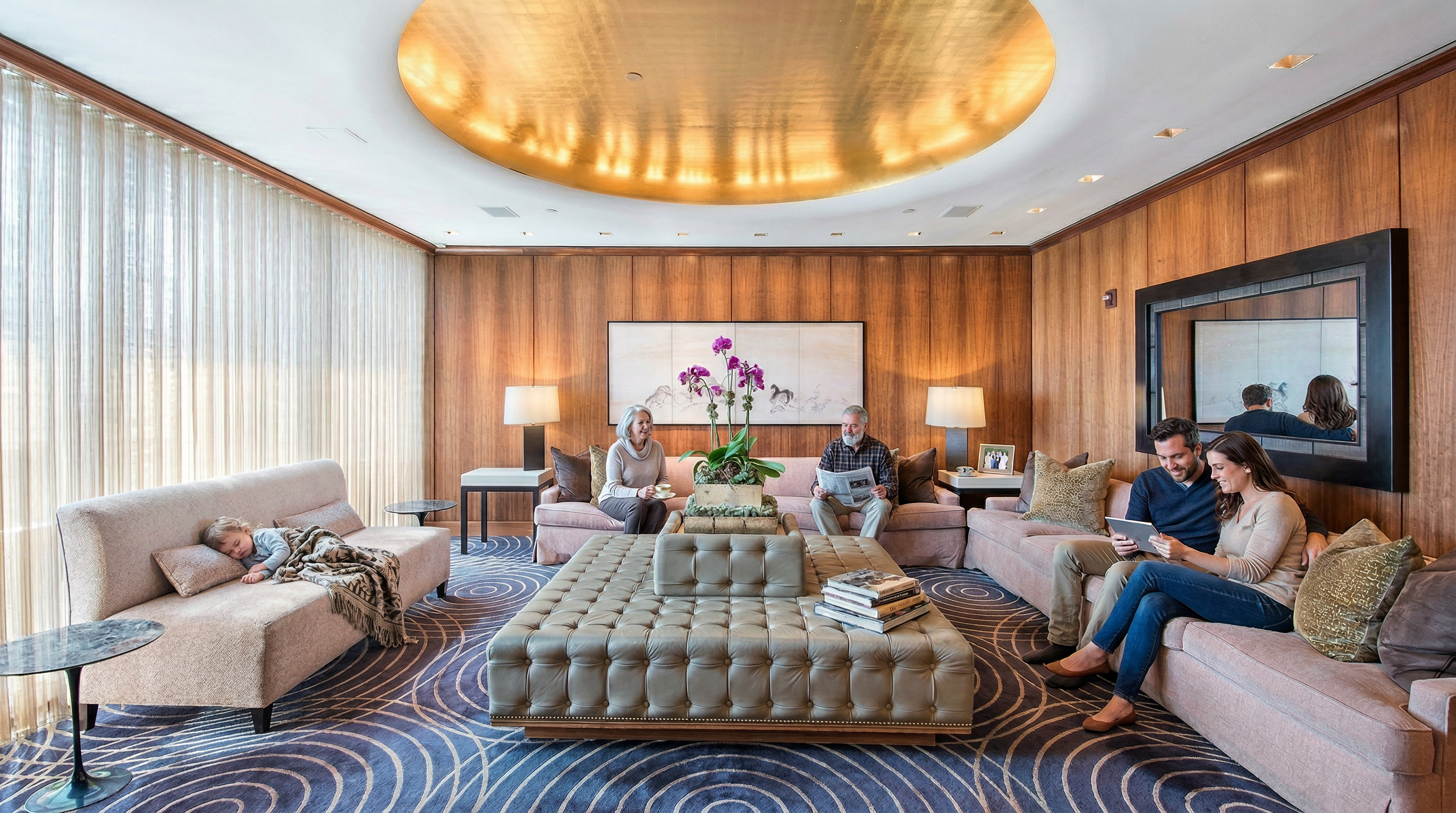 This sophisticated living room features a symmetrical layout with plush, light-toned sofas arranged around a large, tufted leather ottoman. The space is defined by warm wood-paneled walls, a striking gold-leaf circular ceiling medallion, and a bold, patterned blue and gold carpet. The room exudes an upscale, formal atmosphere, perfect for high-end entertaining.
