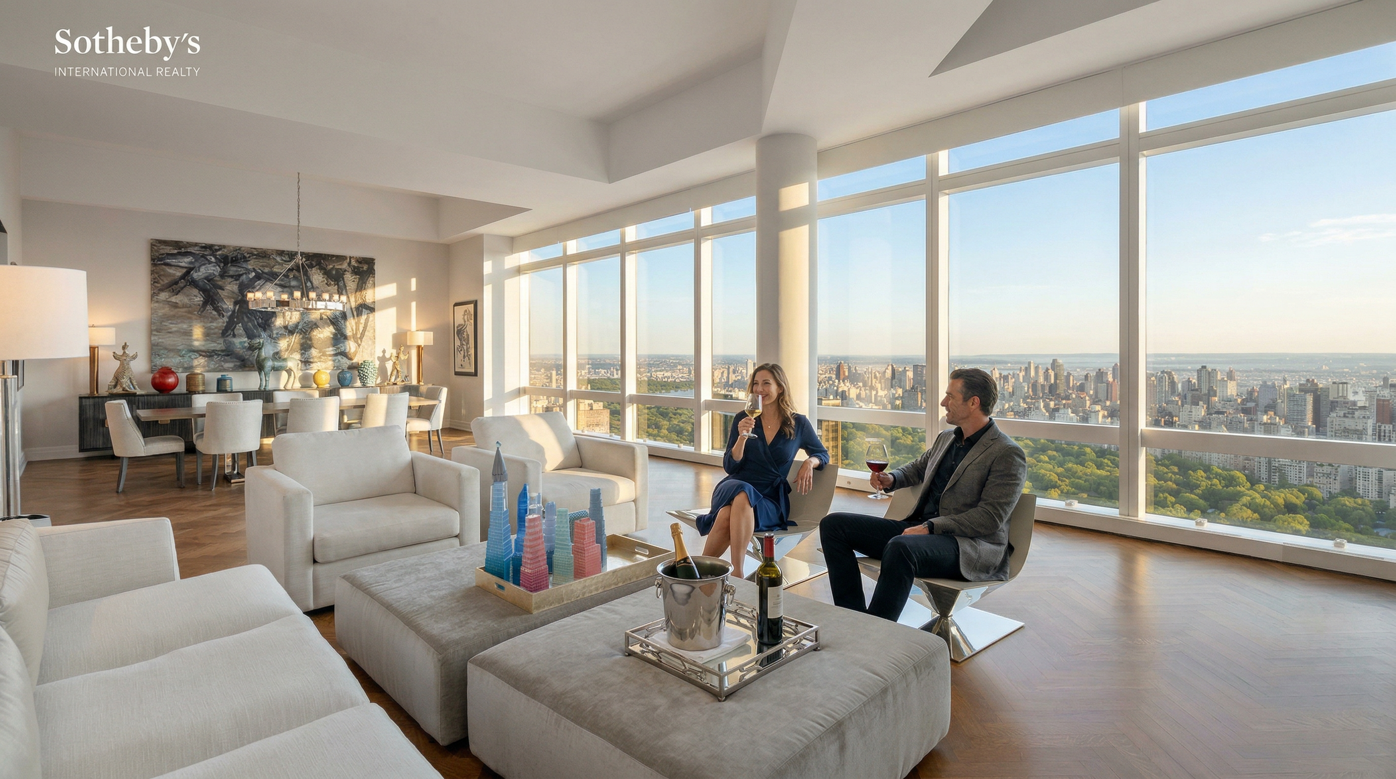 This expansive, high-end living room features floor-to-ceiling windows that offer a breathtaking, panoramic view of Central Park and the New York City skyline. The space is elegantly furnished with plush white seating, modern metallic accent chairs, and large, comfortable ottomans, all set against rich hardwood flooring. The open-concept layout seamlessly transitions into a sophisticated dining area, creating an atmosphere of luxury, light, and refined urban living.